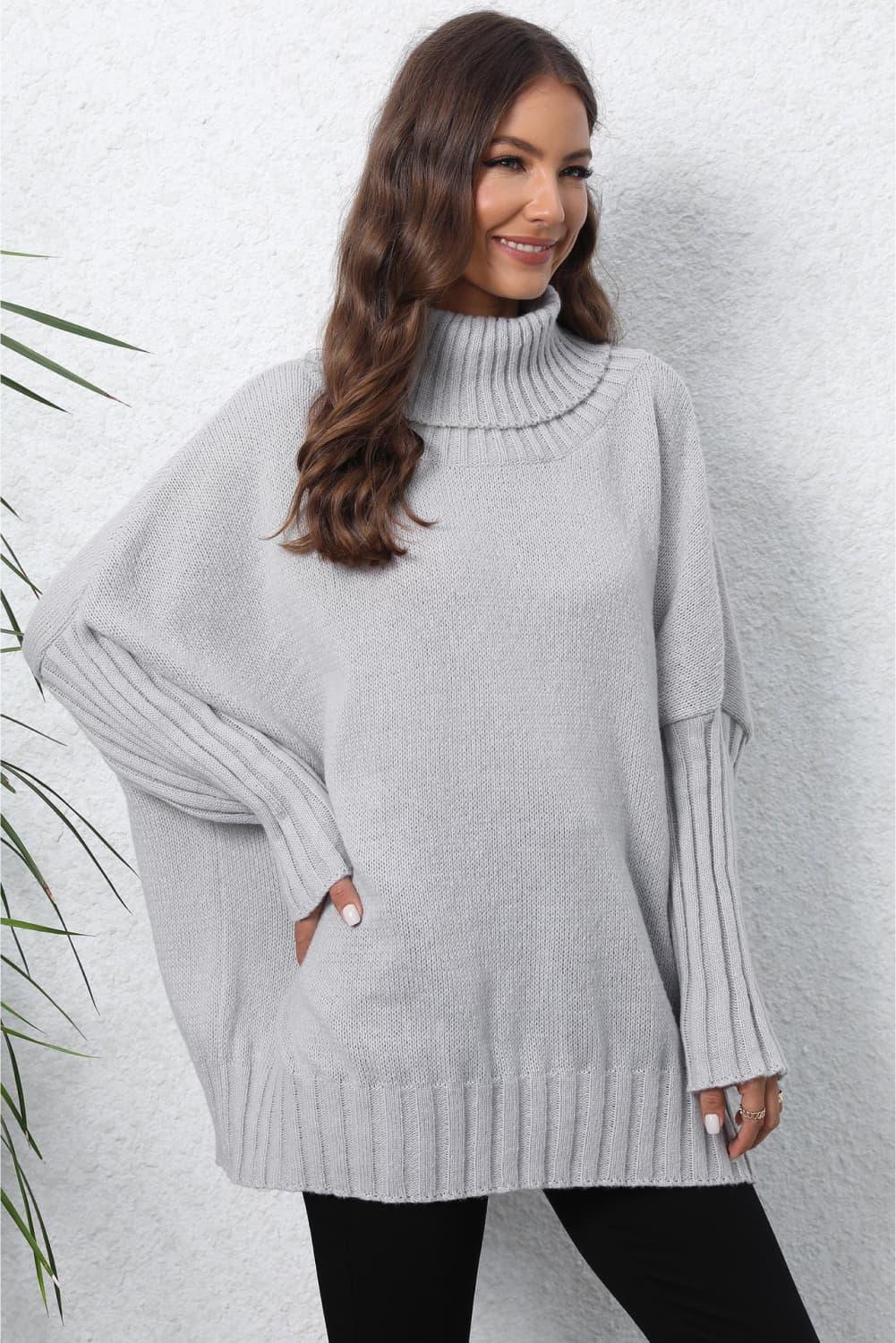 Turtle Neck Long Sleeve Ribbed Sweater - Sweater