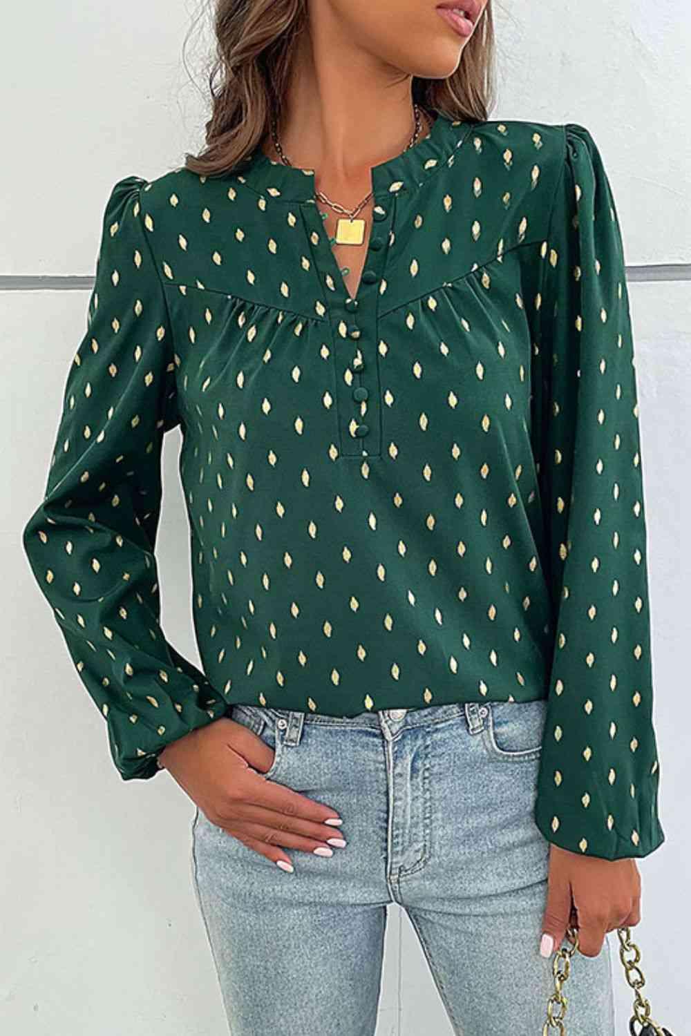 Printed Buttoned Puff Sleeve Blouse - Blouse