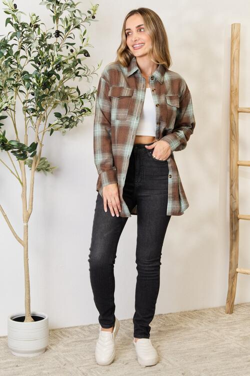 Double Take Plaid Dropped Shoulder Shacket - Jacket