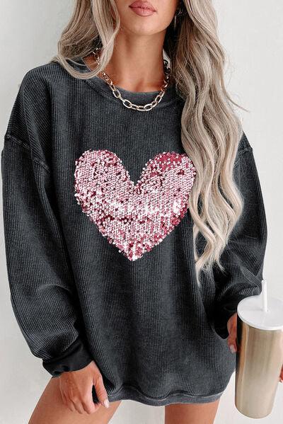 Heart Sequin Round Neck Sweatshirt - Sweatshirt