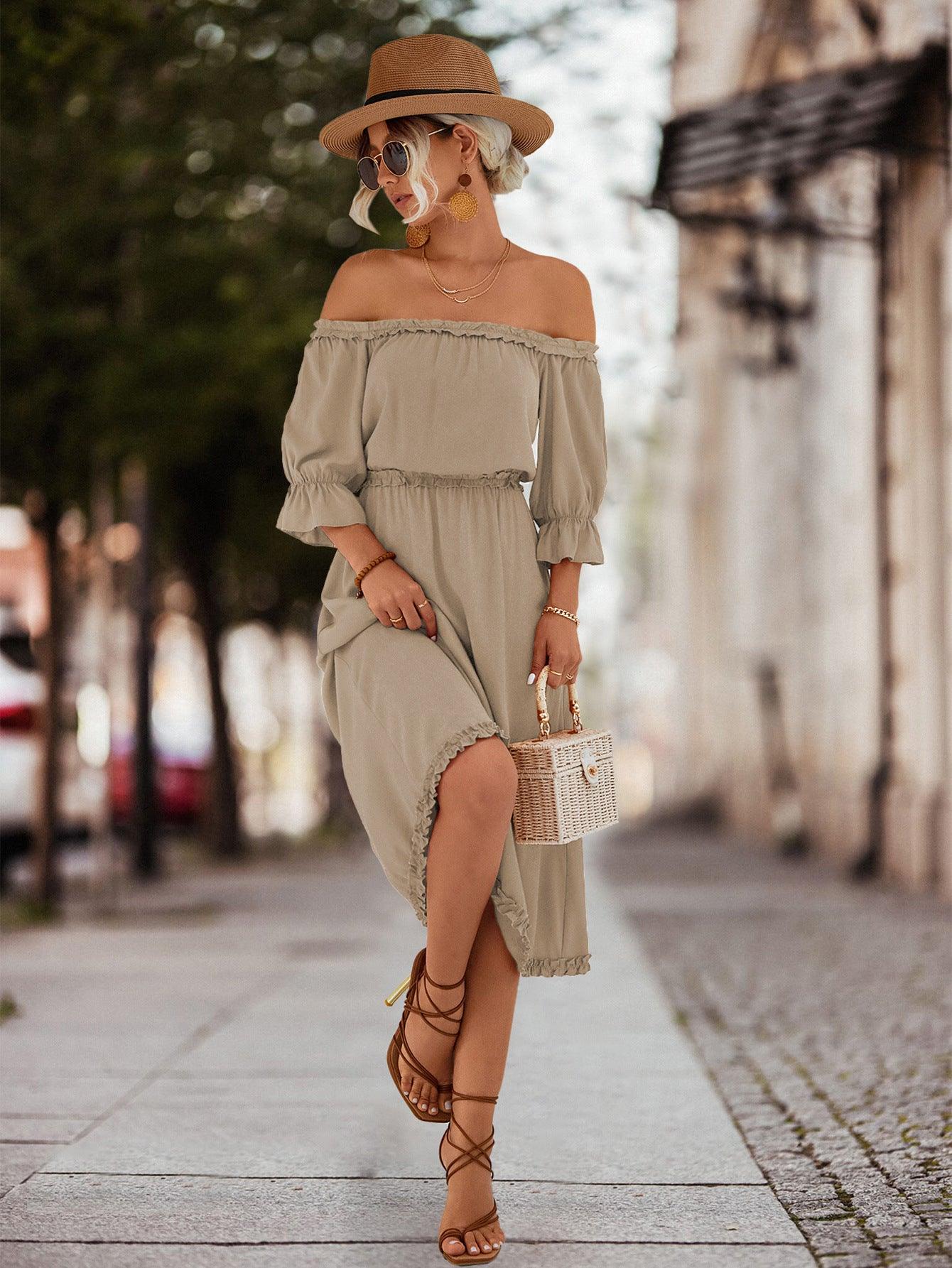 Frilled Off-Shoulder Flounce Sleeve Midi Dress - Dresses