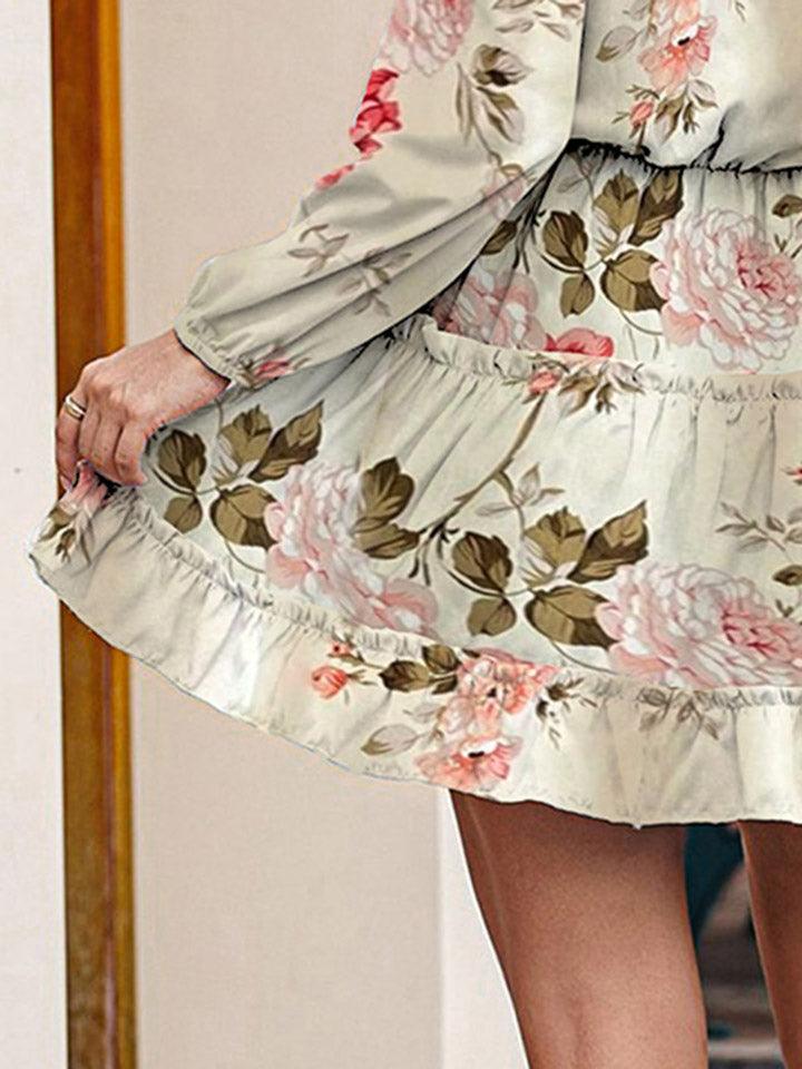 Floral Tie Neck Long Sleeve Dress - Dresses