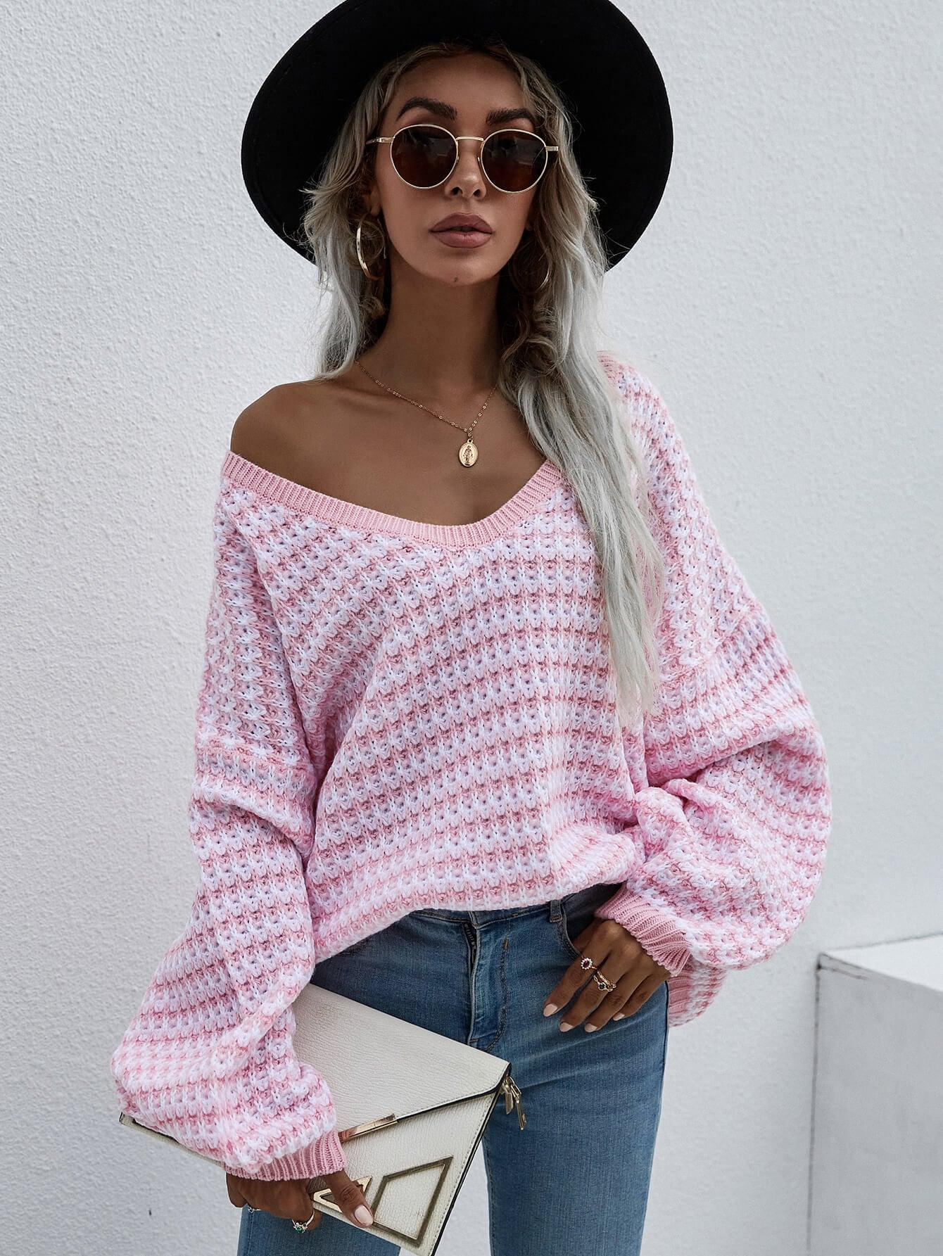 Striped Drop Shoulder V-Neck Pullover Sweater - Sweater