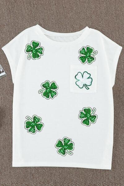 Sequin Lucky Clover Boat Neck Top - Top