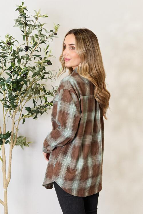 Double Take Plaid Dropped Shoulder Shacket - Jacket