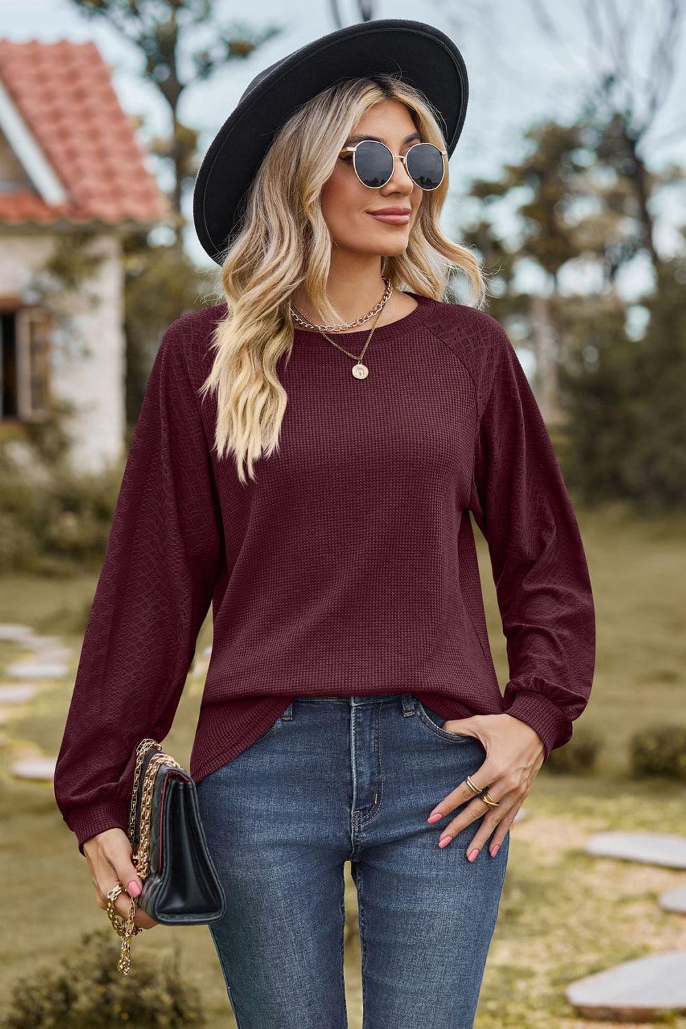 Round Neck Raglan Sleeve Top - Top