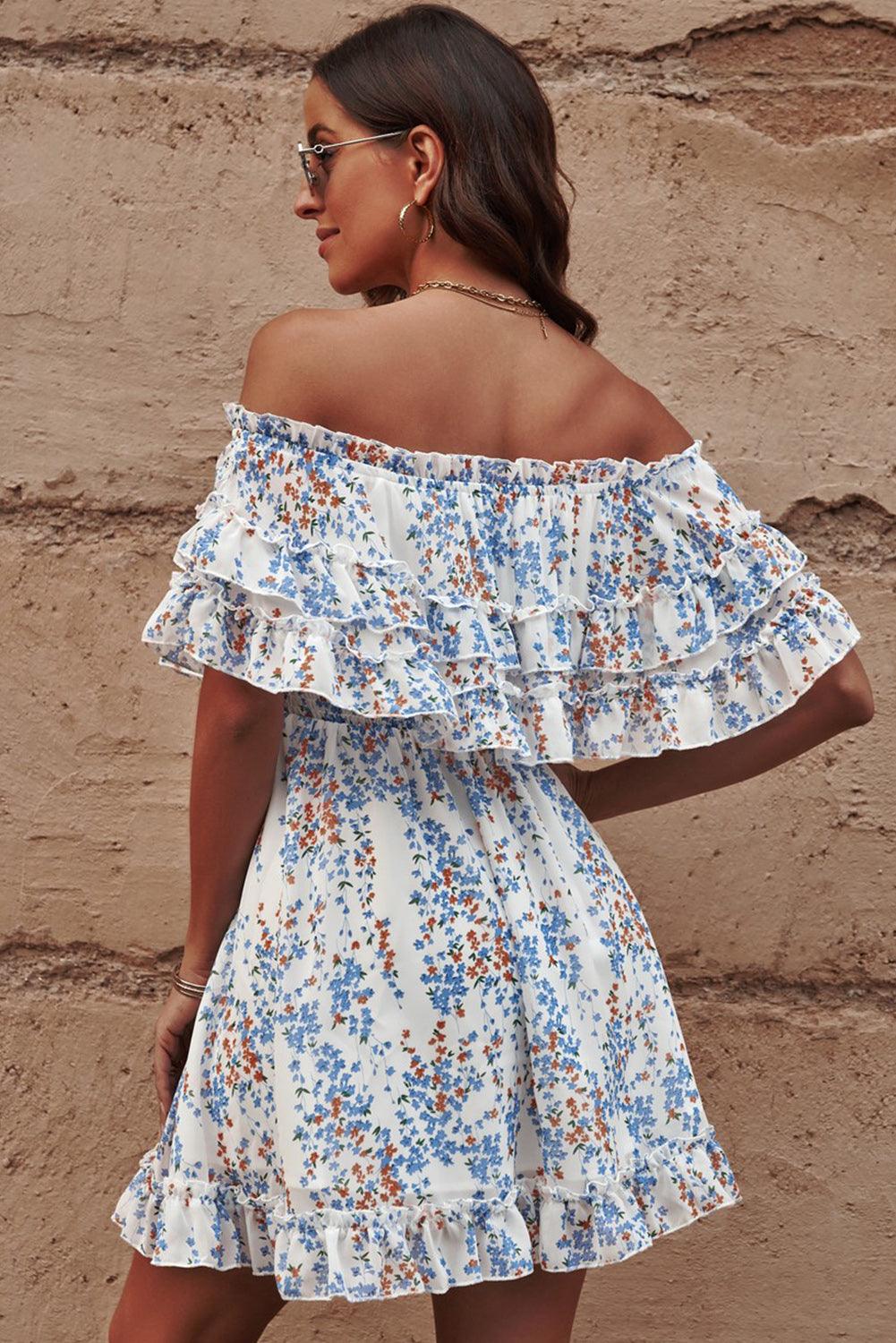 Floral Off-Shoulder Ruffle Hem Mini Dress - Dresses