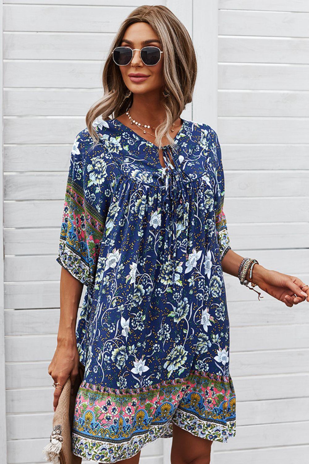 Bohemian Floral Tie Neck 3/4 Sleeve Short Tiered Dress - Dresses