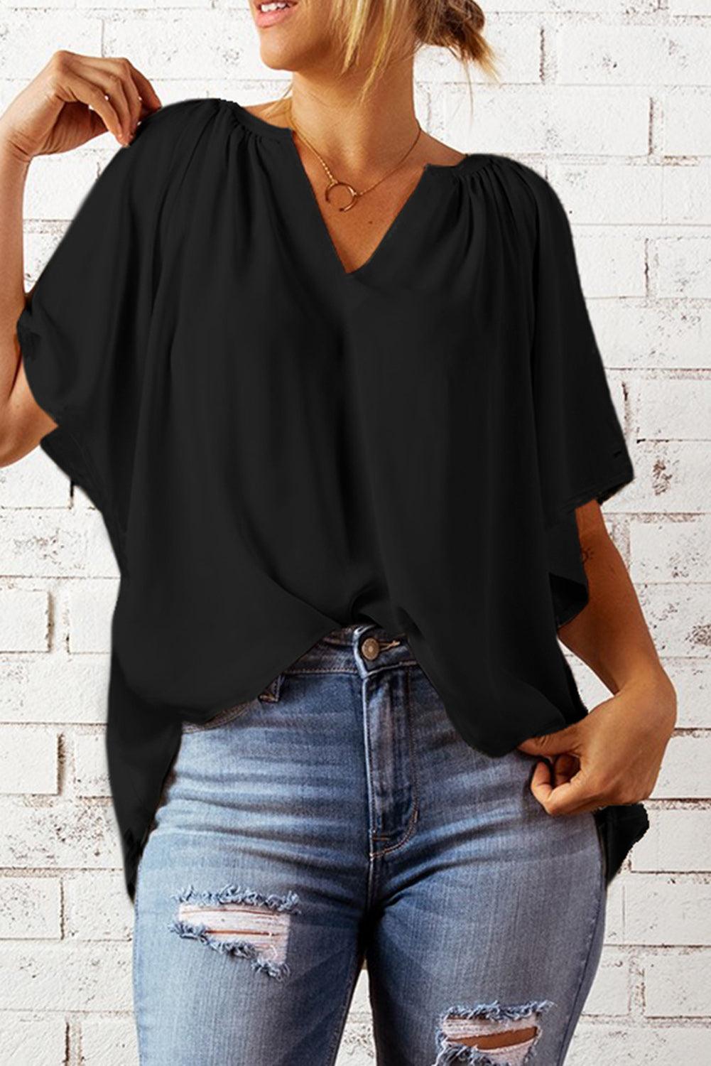 Gathered Detail Notched Neck Flutter Sleeve Blouse - Blouse