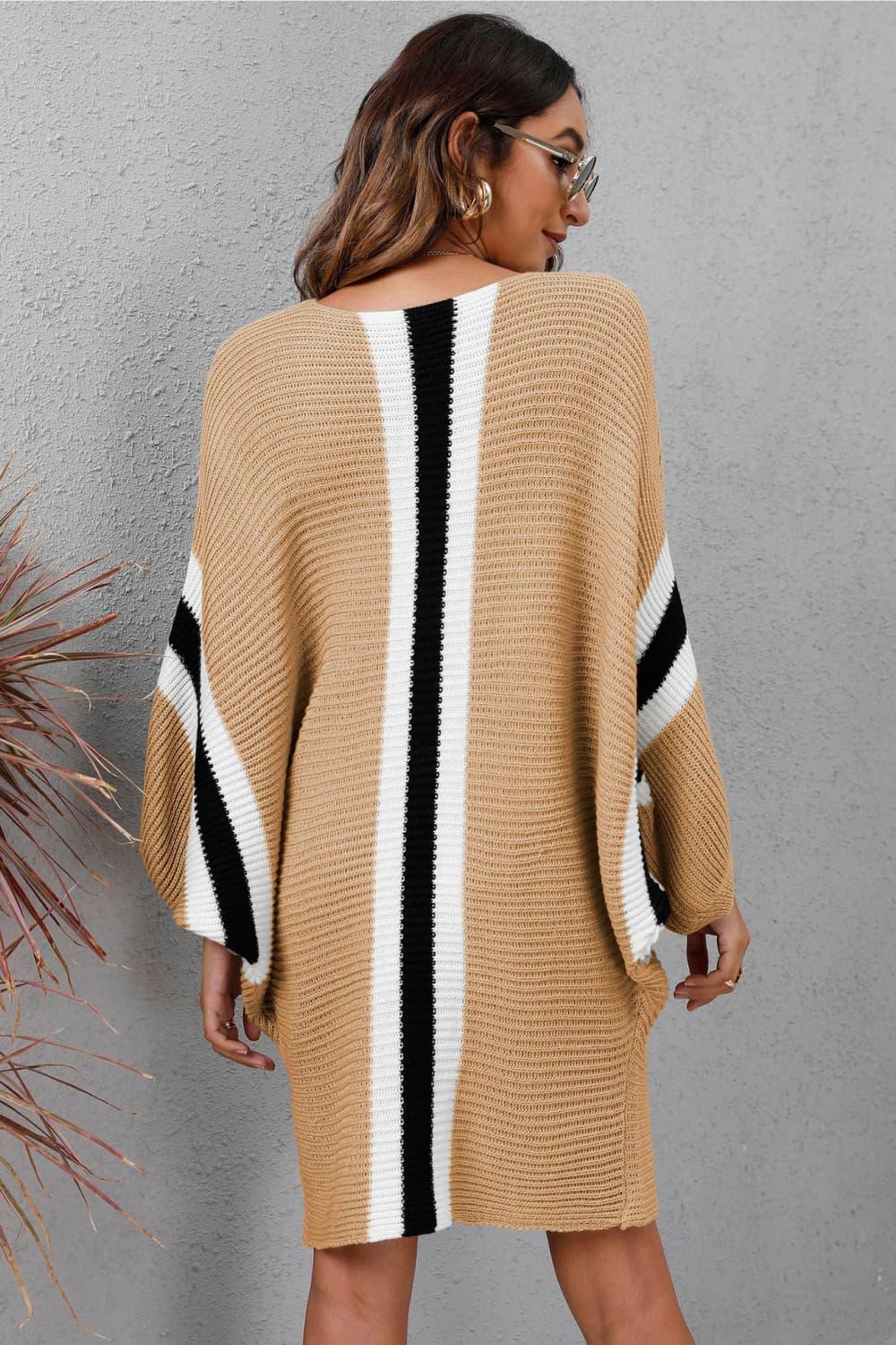 Ribbed Round Neck Long Sleeve Sweater Dress - Dresses