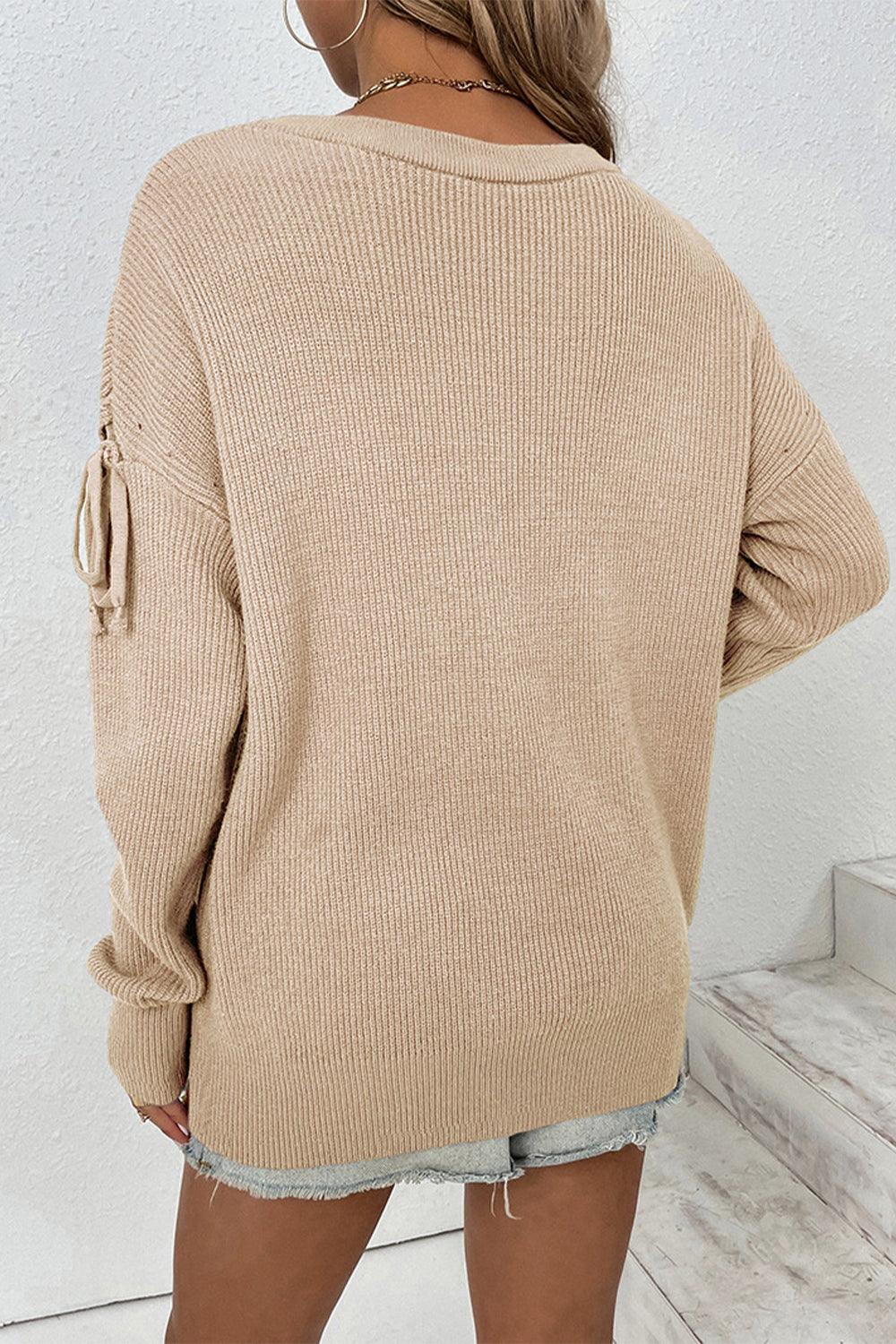 Round Neck Tied Sleeves Ribbed Sweater - Sweater