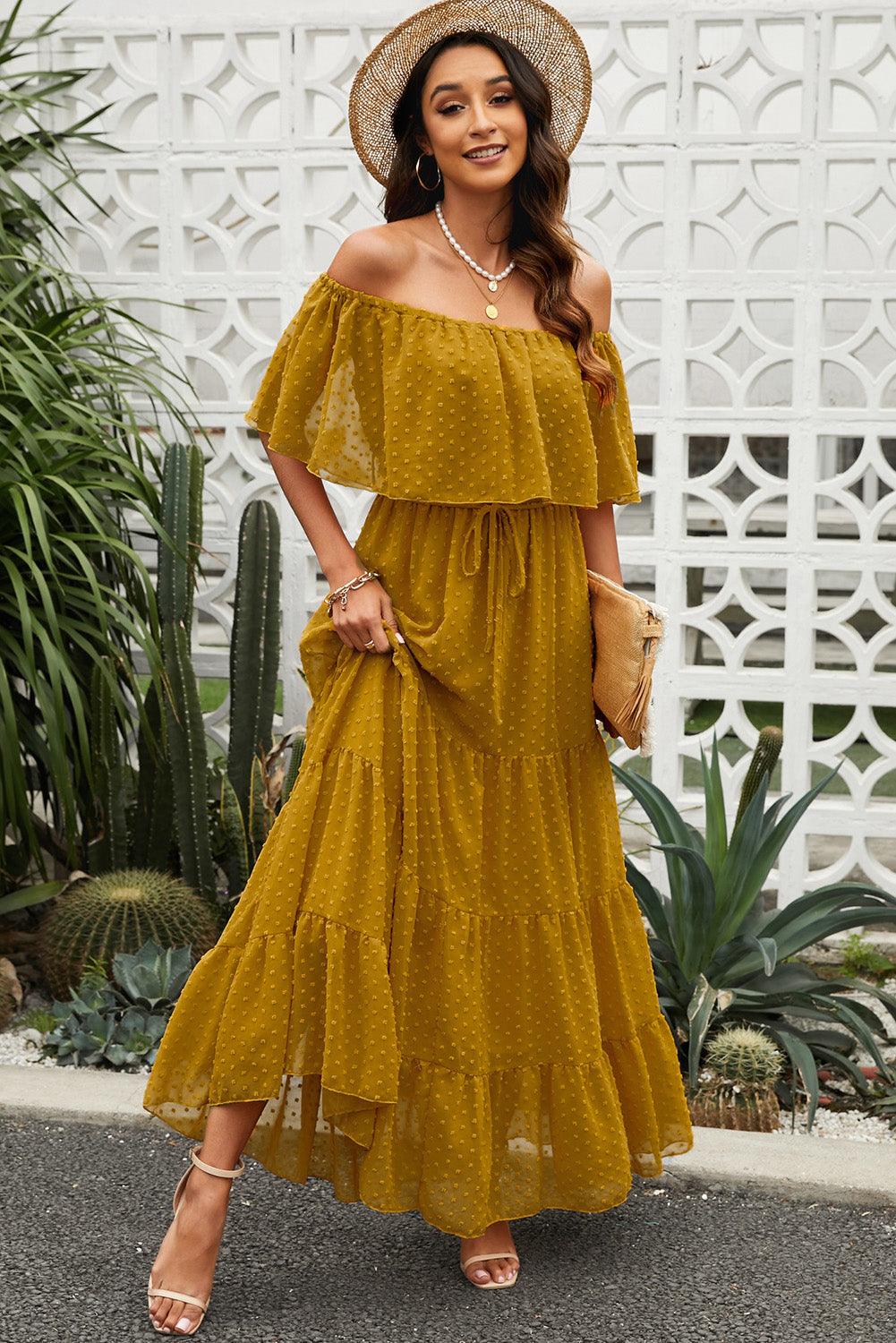 Swiss Dot Off-Shoulder Tiered Maxi Dress - Dresses