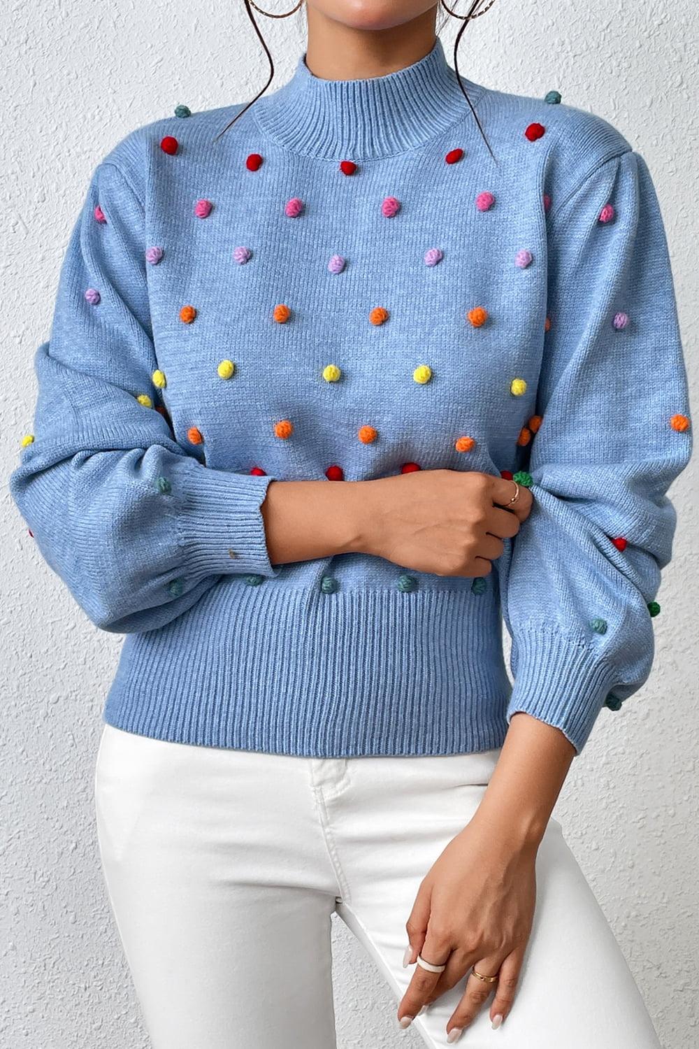 Pom-Pom Trim Mock Neck Long Sleeve Pullover Sweater - Sweater