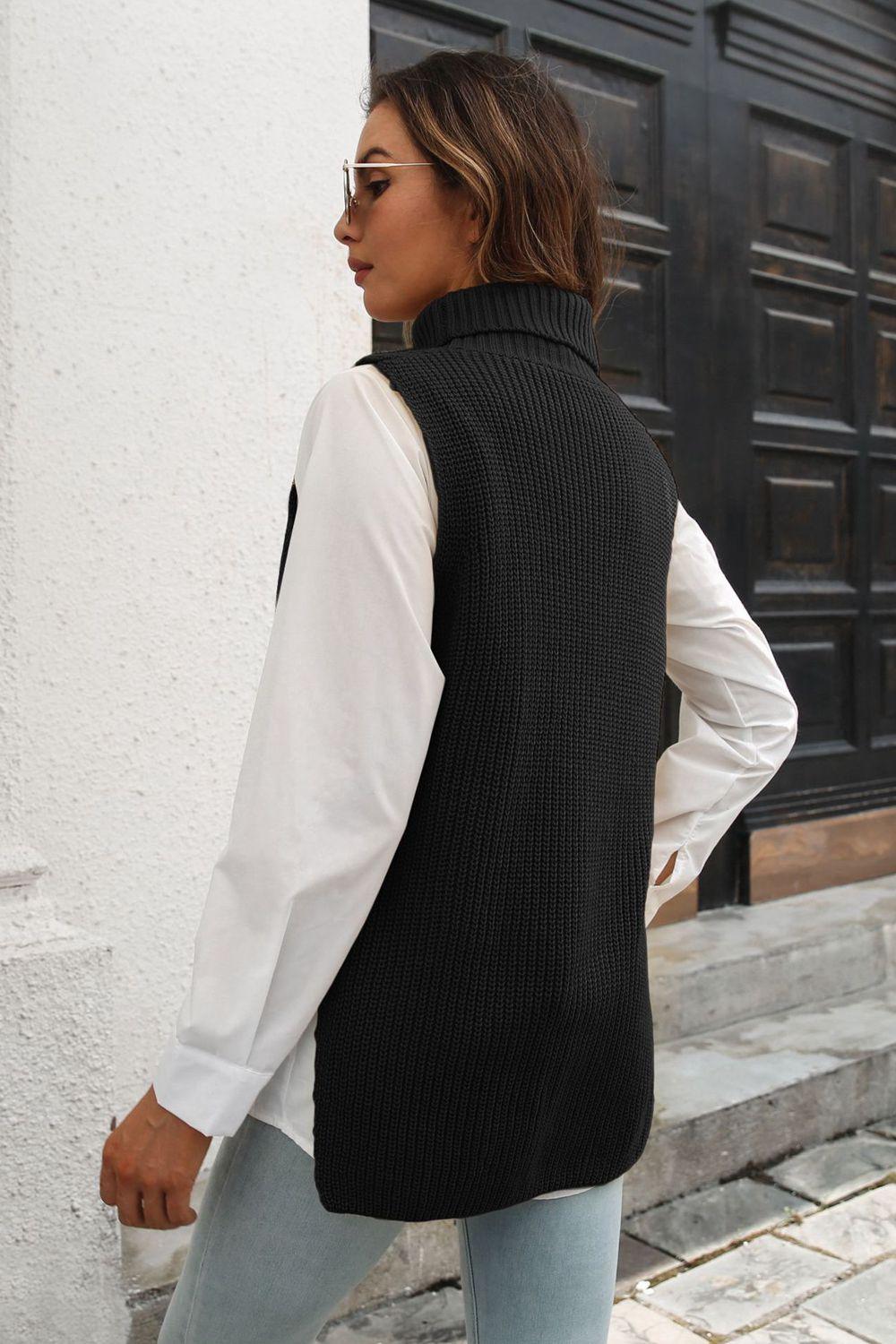 Ribbed Mock Neck Sleeveless Sweater Vest - Vest