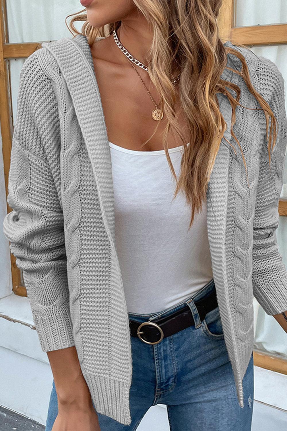 Cable-Knit Dropped Shoulder Hooded Cardigan - Cardigan