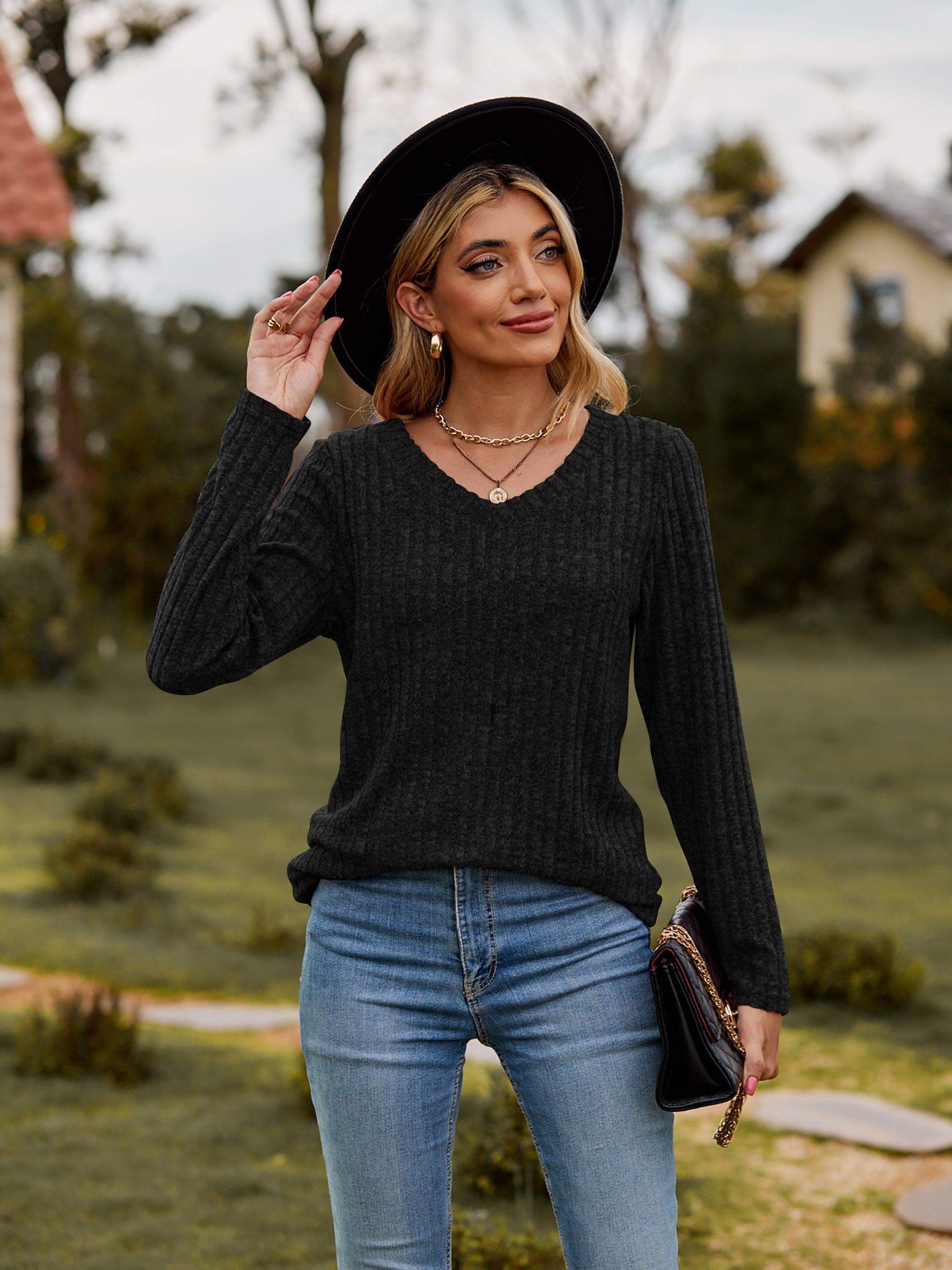 Ribbed V-Neck Long Sleeve Top - Top