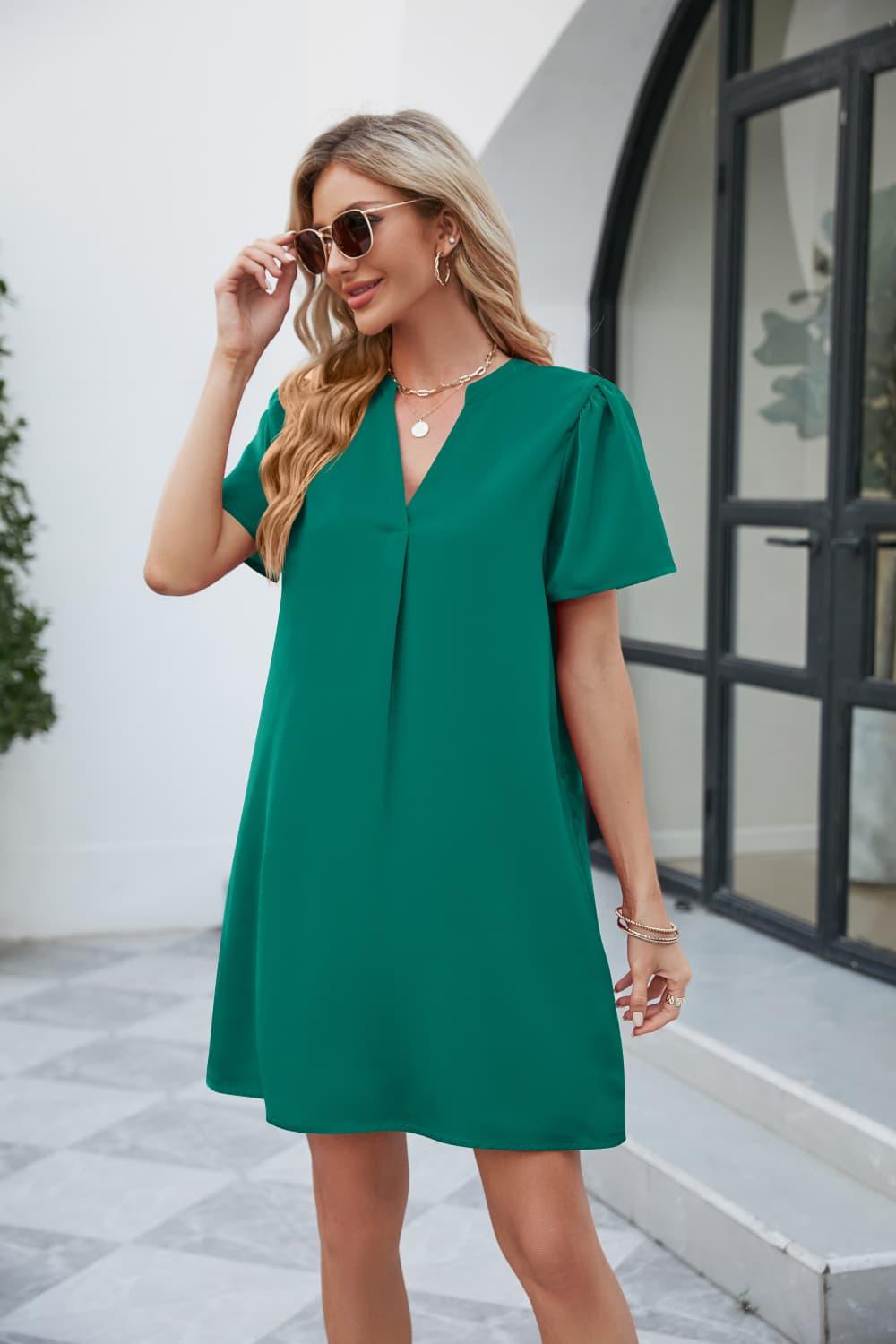 Notched Puff Sleeve Mini Shift Dress - Dresses