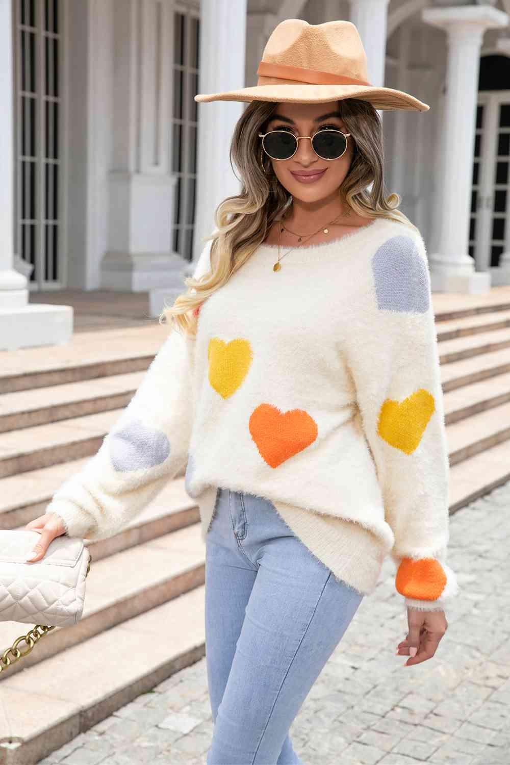 Heart Pattern Round Neck Sweater - Sweater