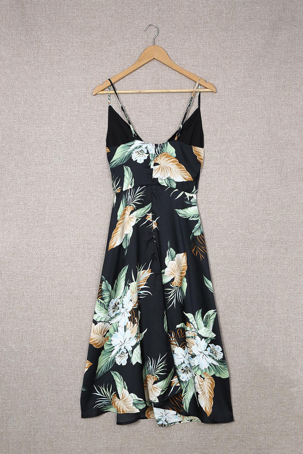 Floral Tied Cutout Split Spaghetti Strap Midi Dress - Dresses