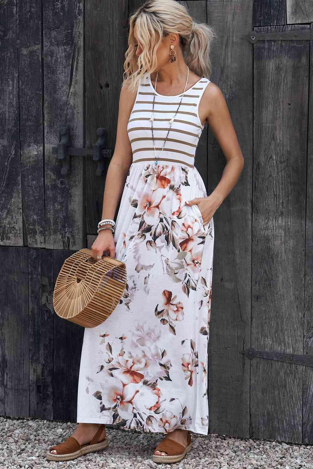 Striped Floral Round Neck Sleeveless Maxi Dress - Dresses