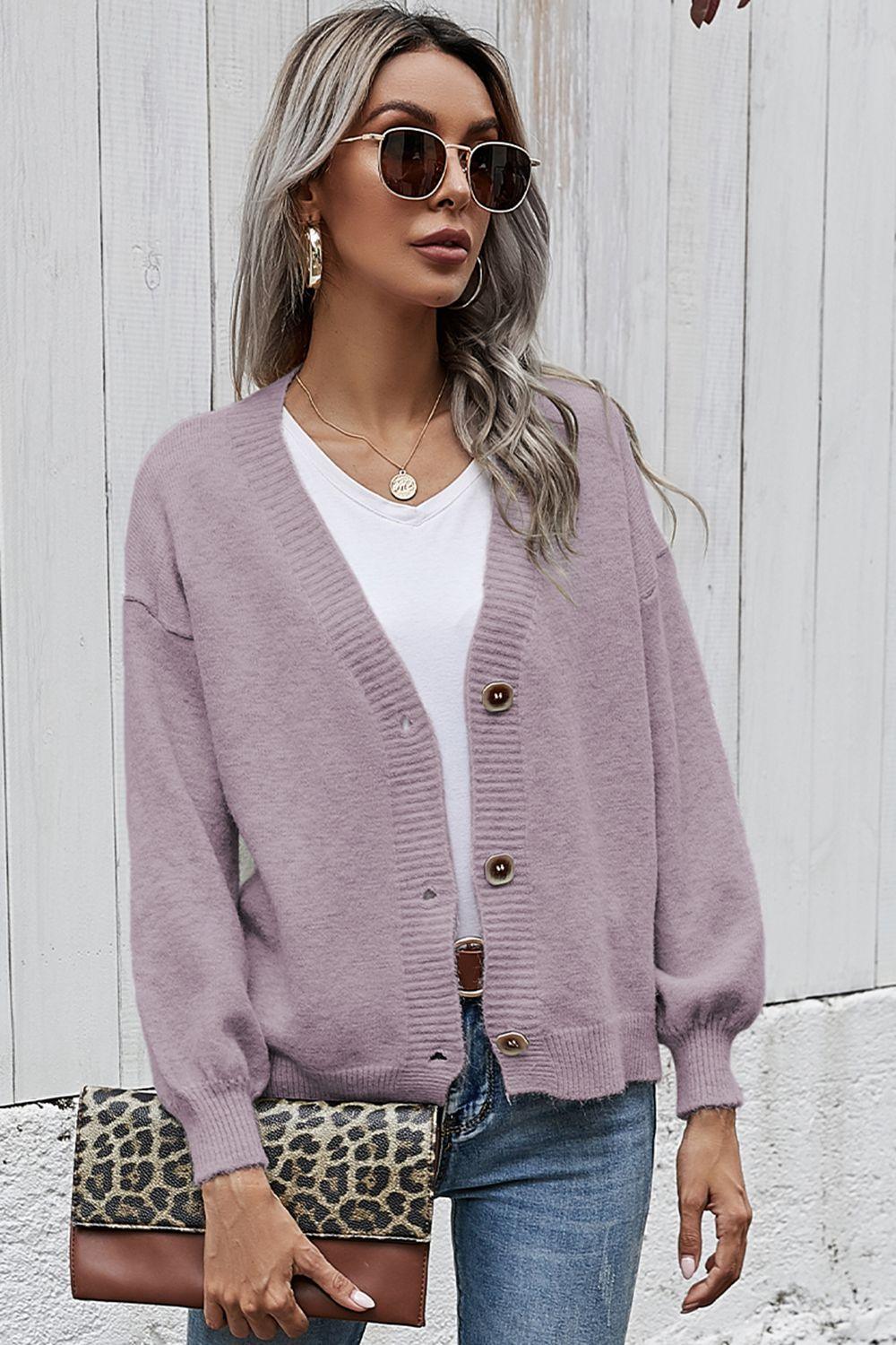 V-Neck Button-Down Dropped Shoulder Cardigan - Cardigan