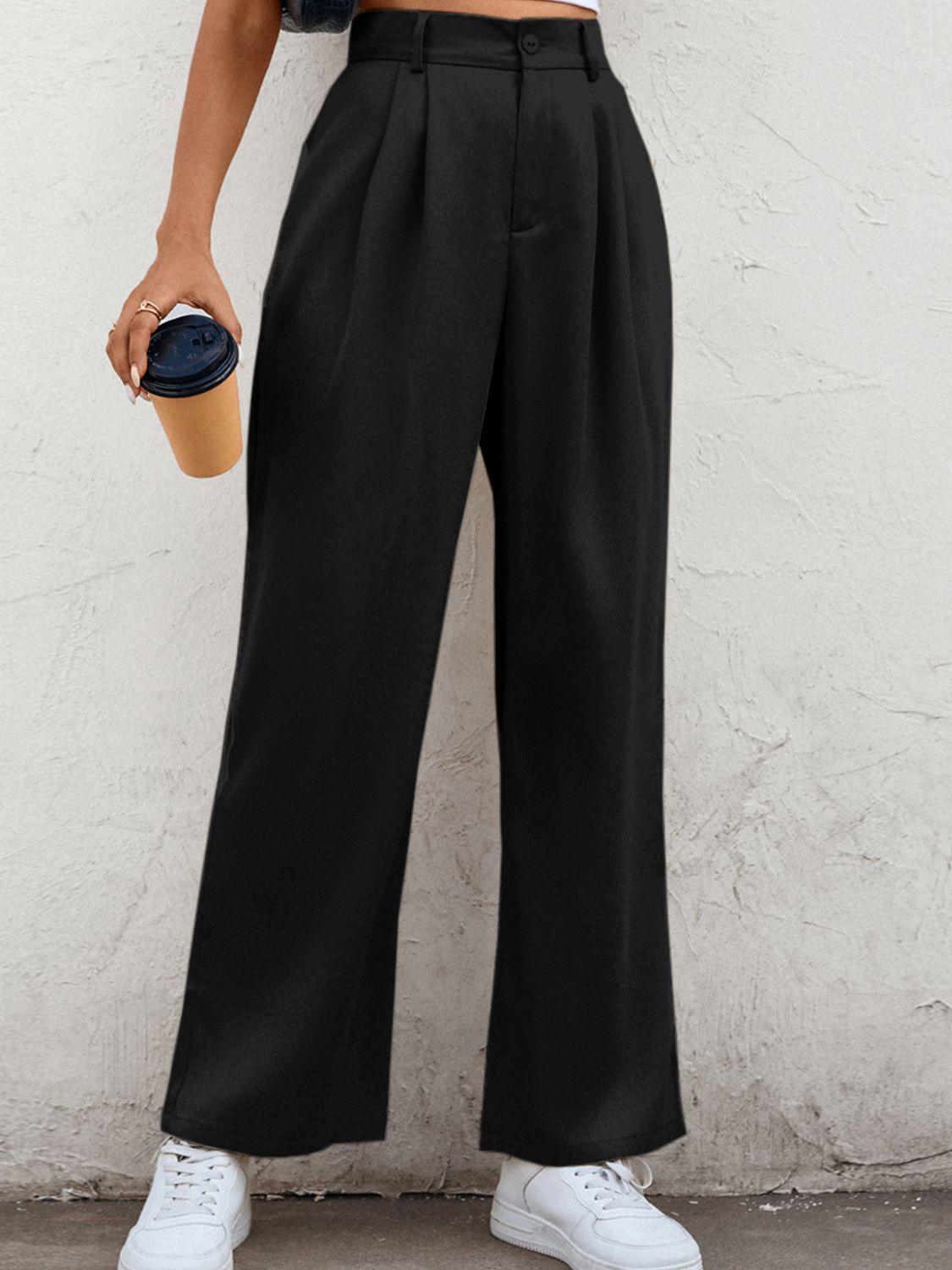 Cropped High Waist Straight Leg Pleated Pants - Pant