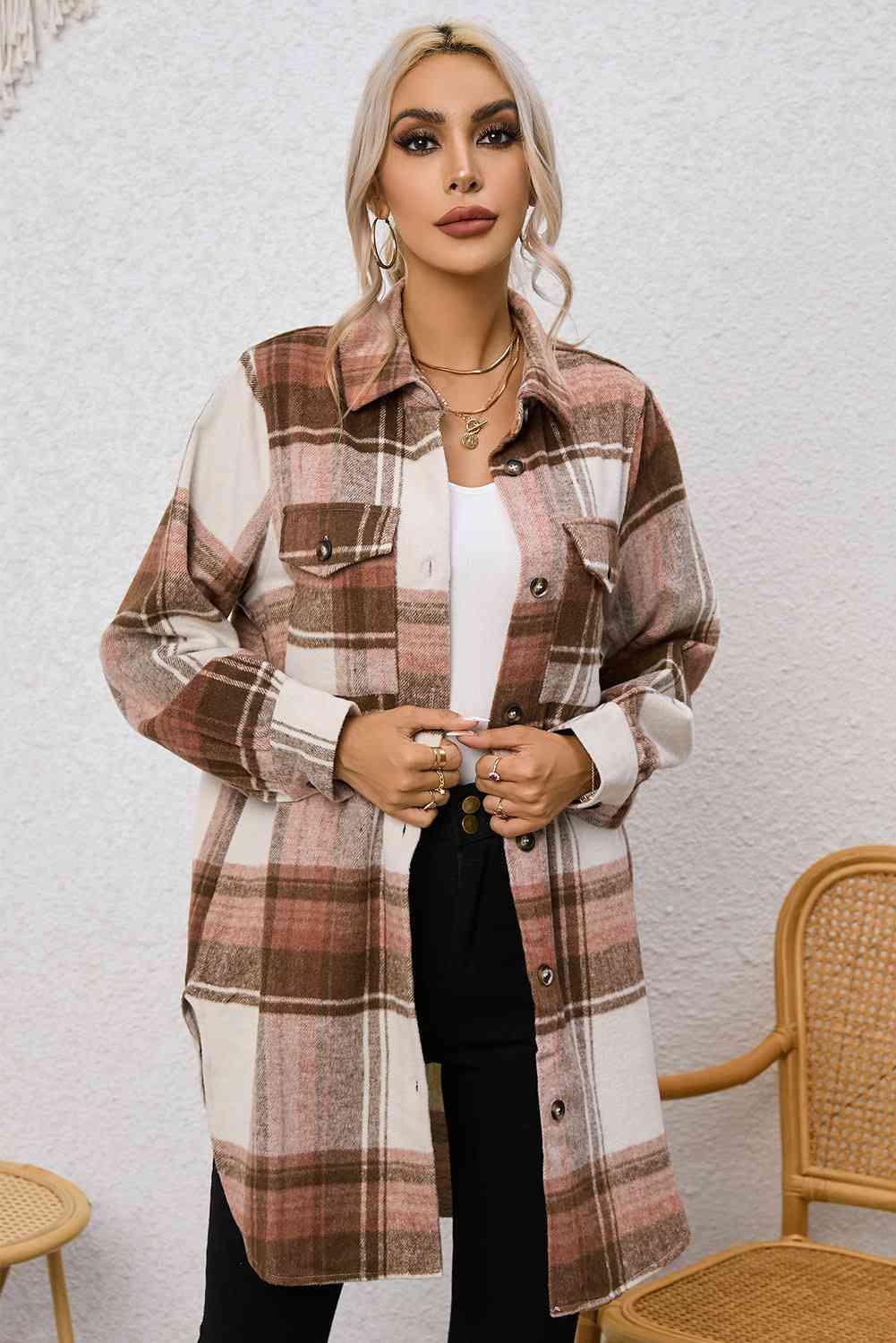 Plaid Collared Neck Longline Jacket - Jacket