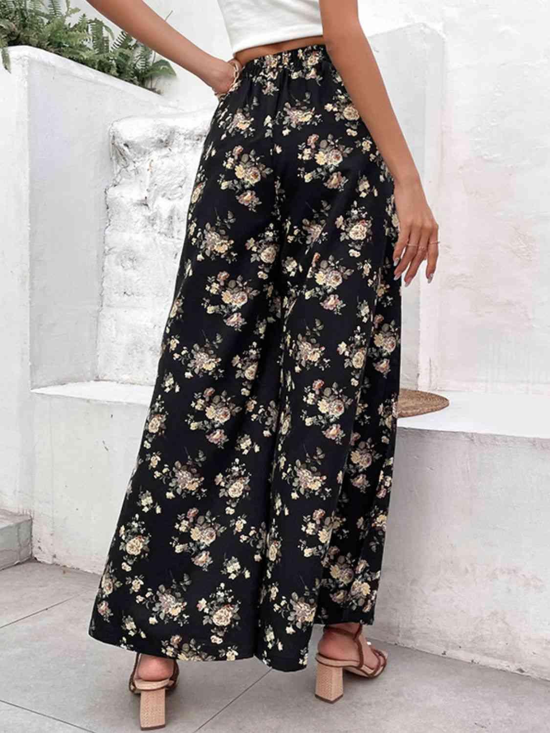 Floral Side Slit Wide Leg Pants - Pant