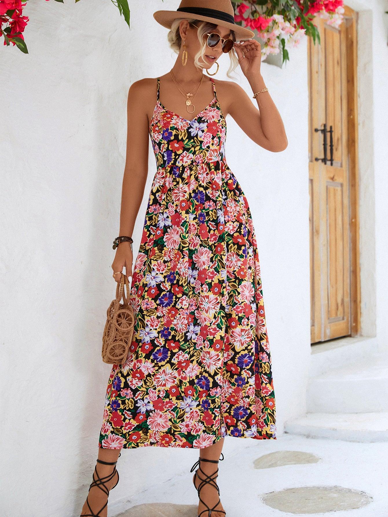 Floral Crisscross Backless V-Neck Split Maxi Dress - Dresses