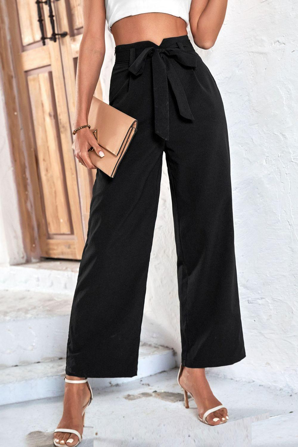 Cropped Straight Leg Paperbag Waist Pants - Pant