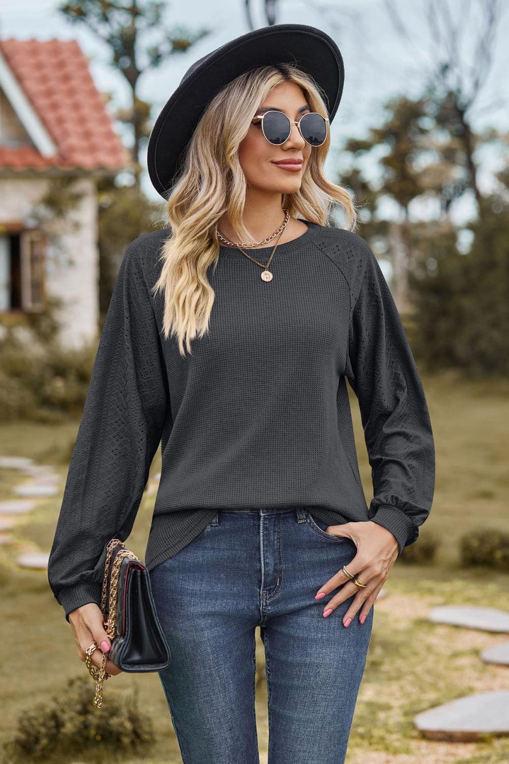 Round Neck Raglan Sleeve Top - Top