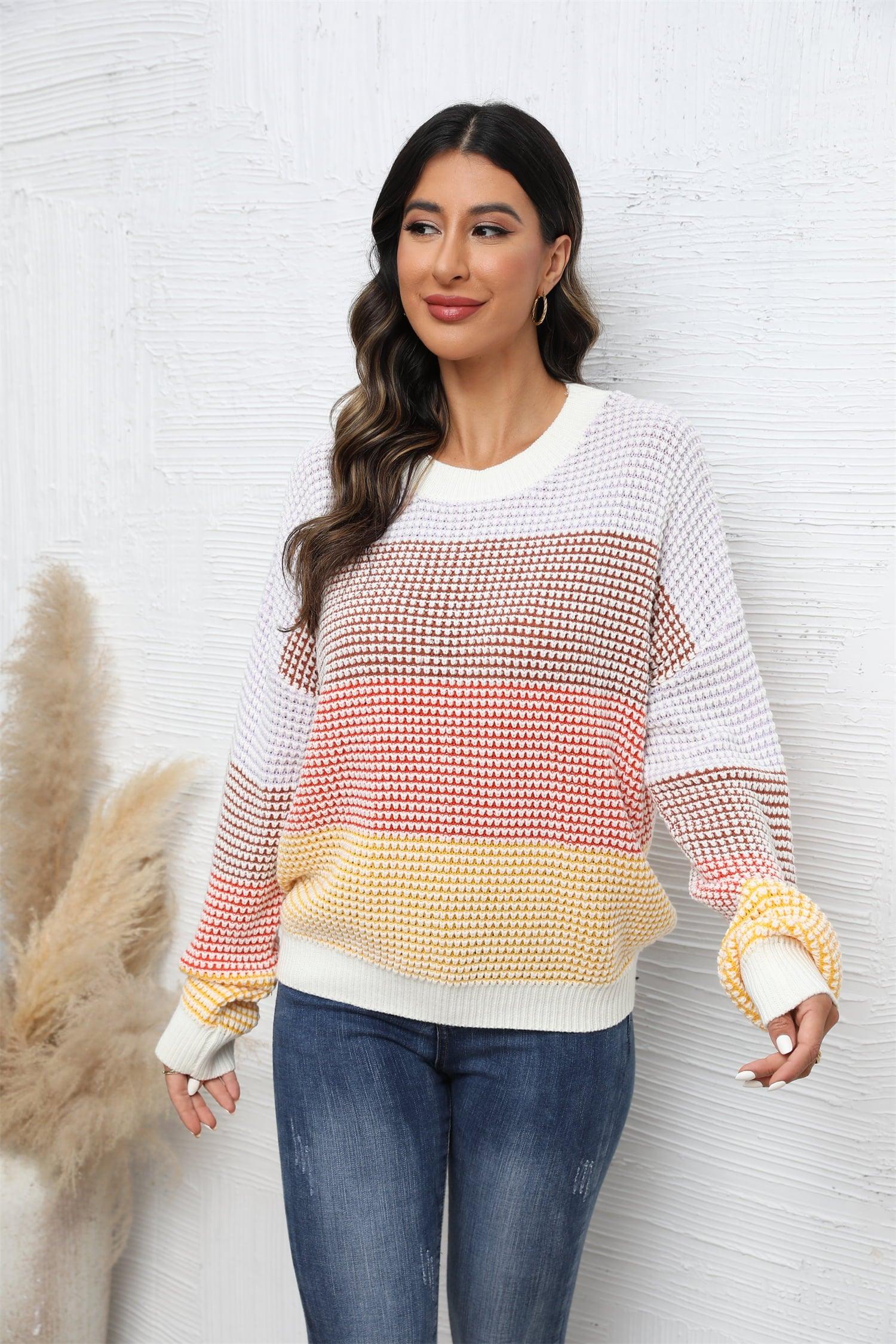 Waffle-Knit Round Neck Color Block Sweater - Sweater