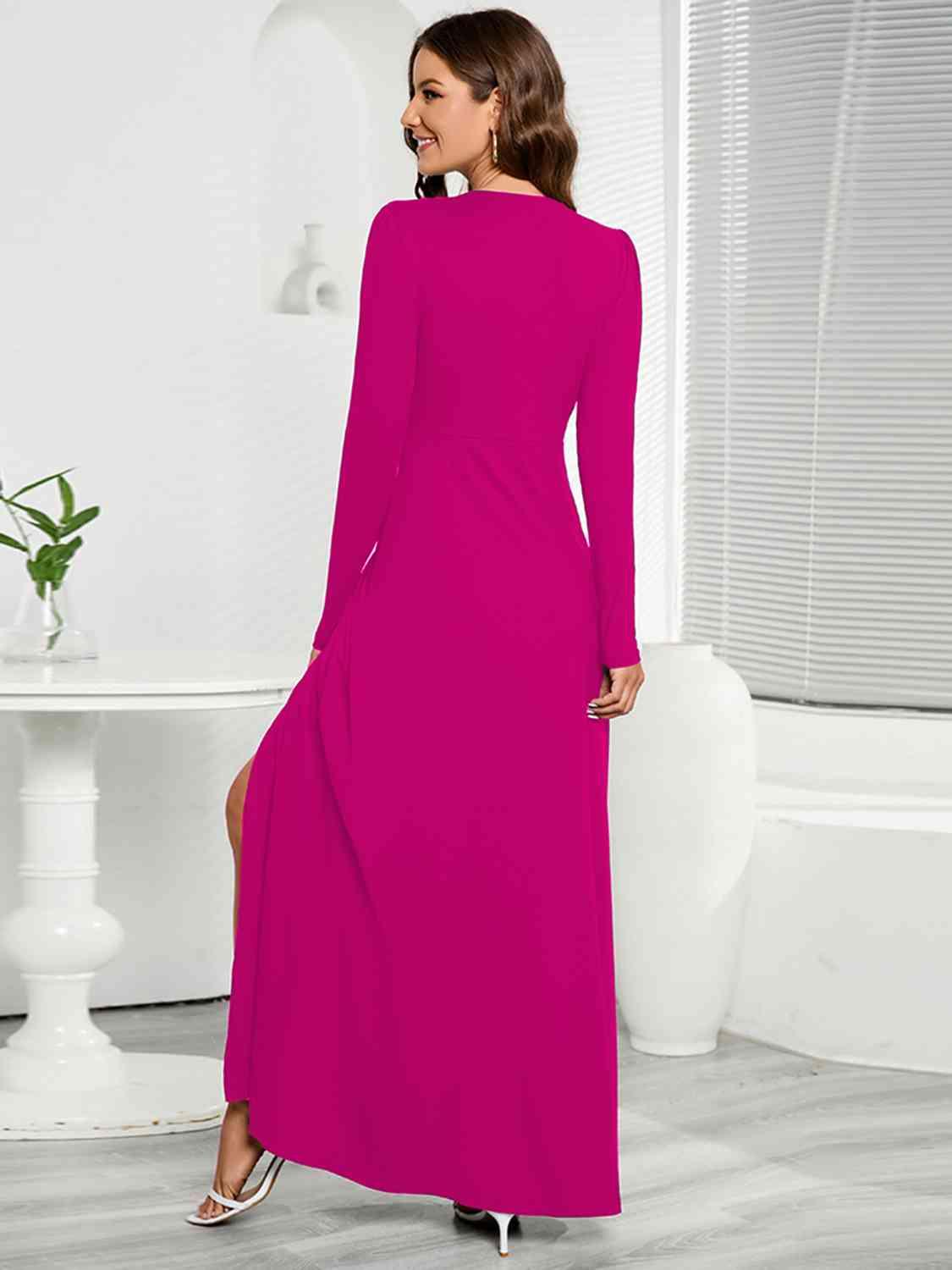 V-Neck Long Sleeve Split Dress - Dresses