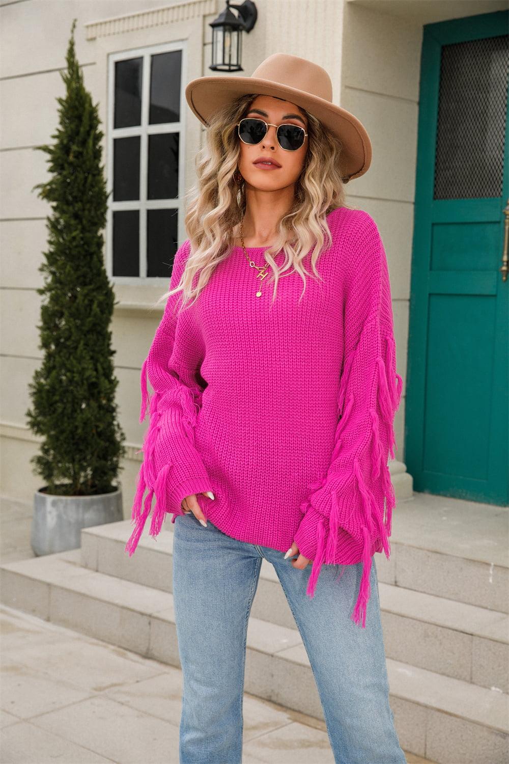 Ribbed Round Neck Fringe Detail Sweater - Sweater