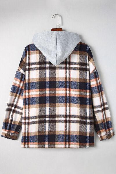 Button Up Plaid Hooded Shacket - Jacket