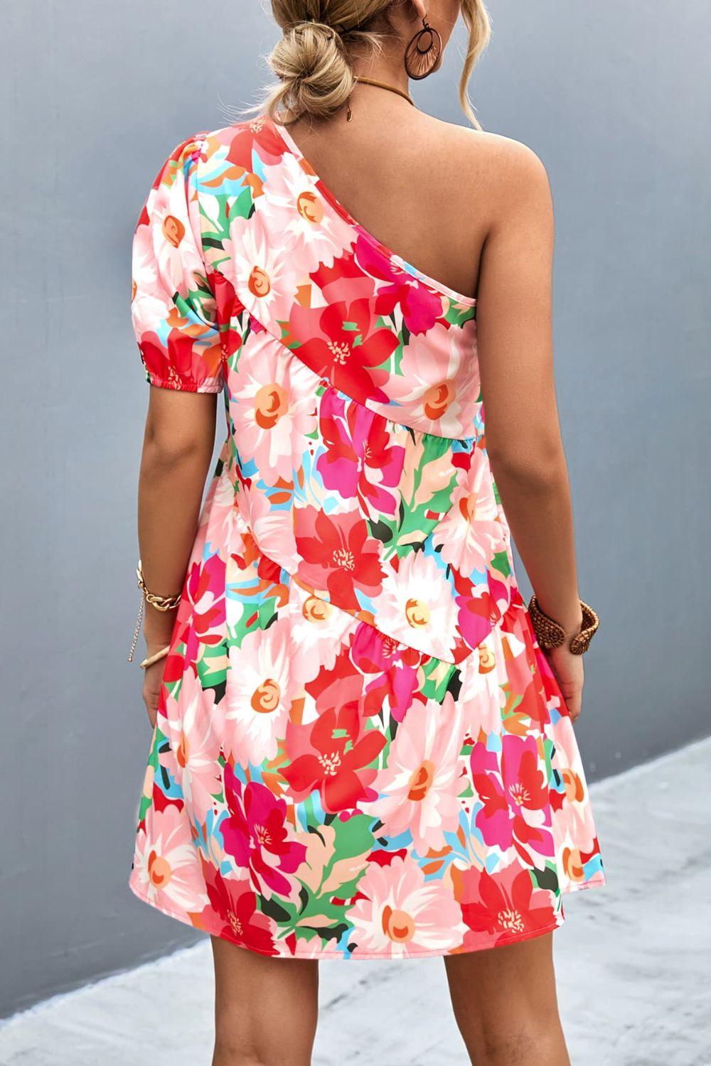 Floral One-Shoulder Peasant Puff Sleeve Short Dress - Dresses