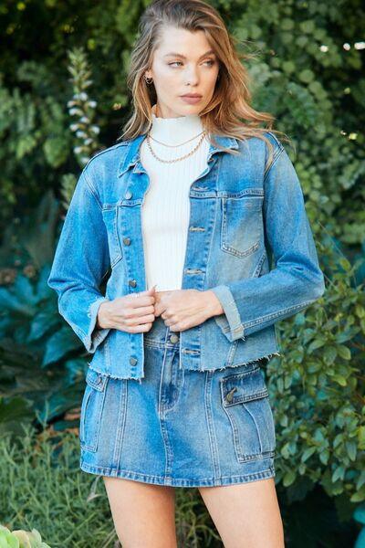 Veveret Button Up Raw Hem Denim Jacket - Jacket