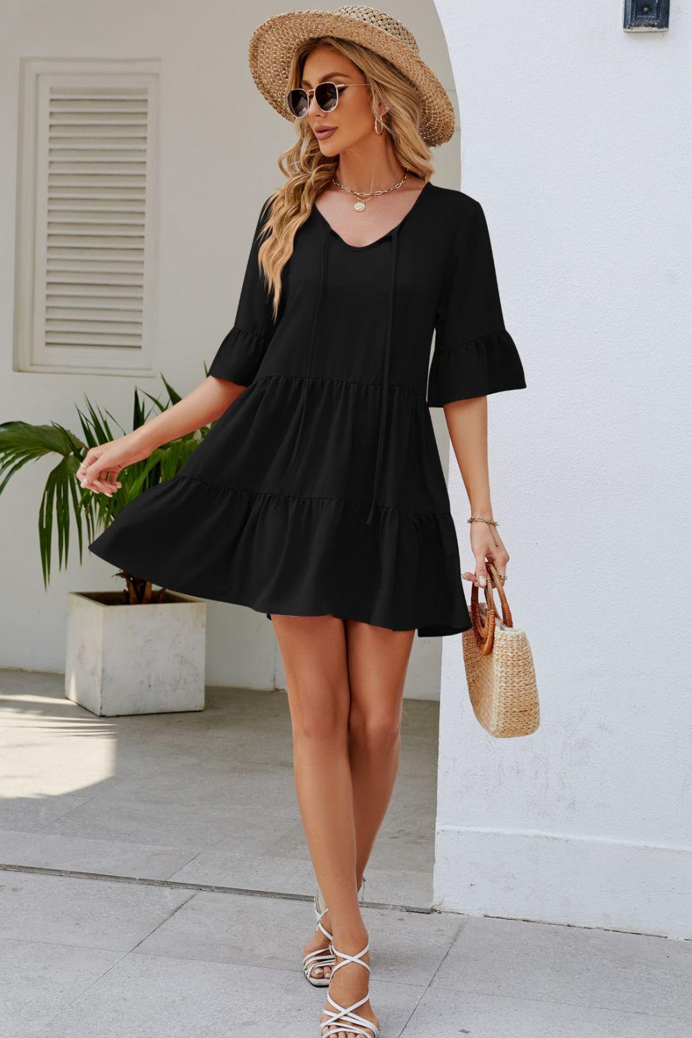 Tied Flounce Sleeve Tiered Mini Dress - Dresses