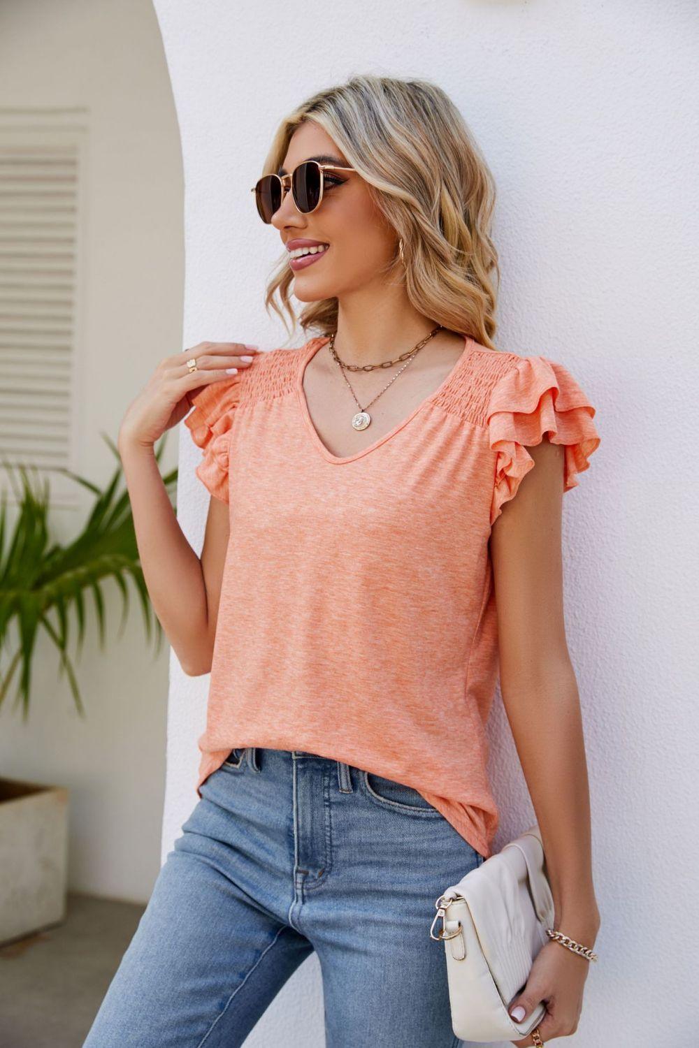 Smocked Layered Ruffle Flutter Sleeve V-Neck Top - Top