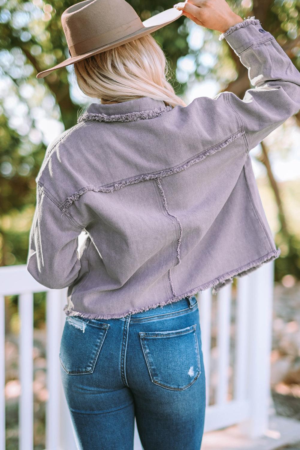 Frayed Trim Snap Down Denim Jacket - Jacket