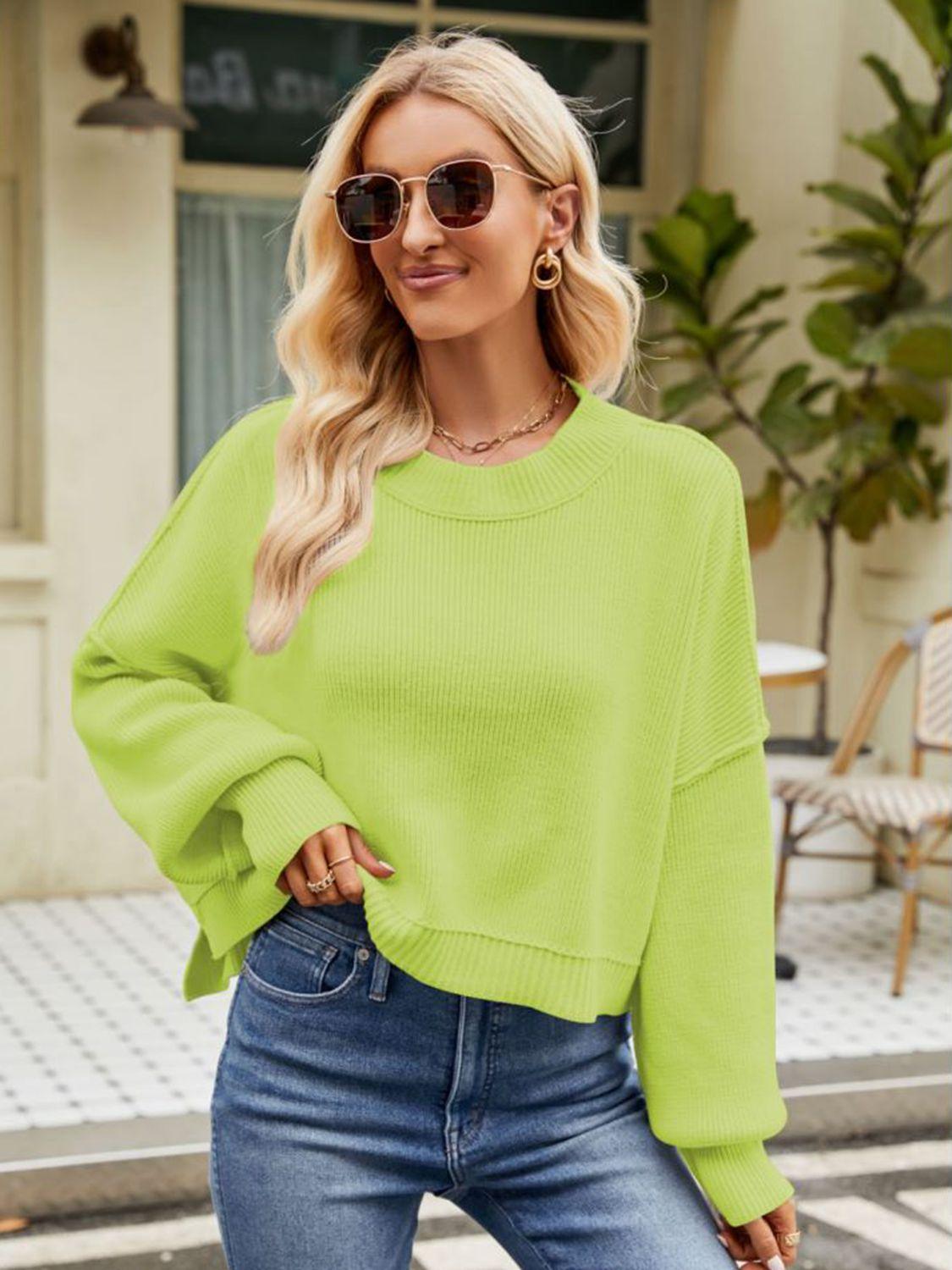 Round Neck Dropped Shoulder Cropped Sweater - Sweater