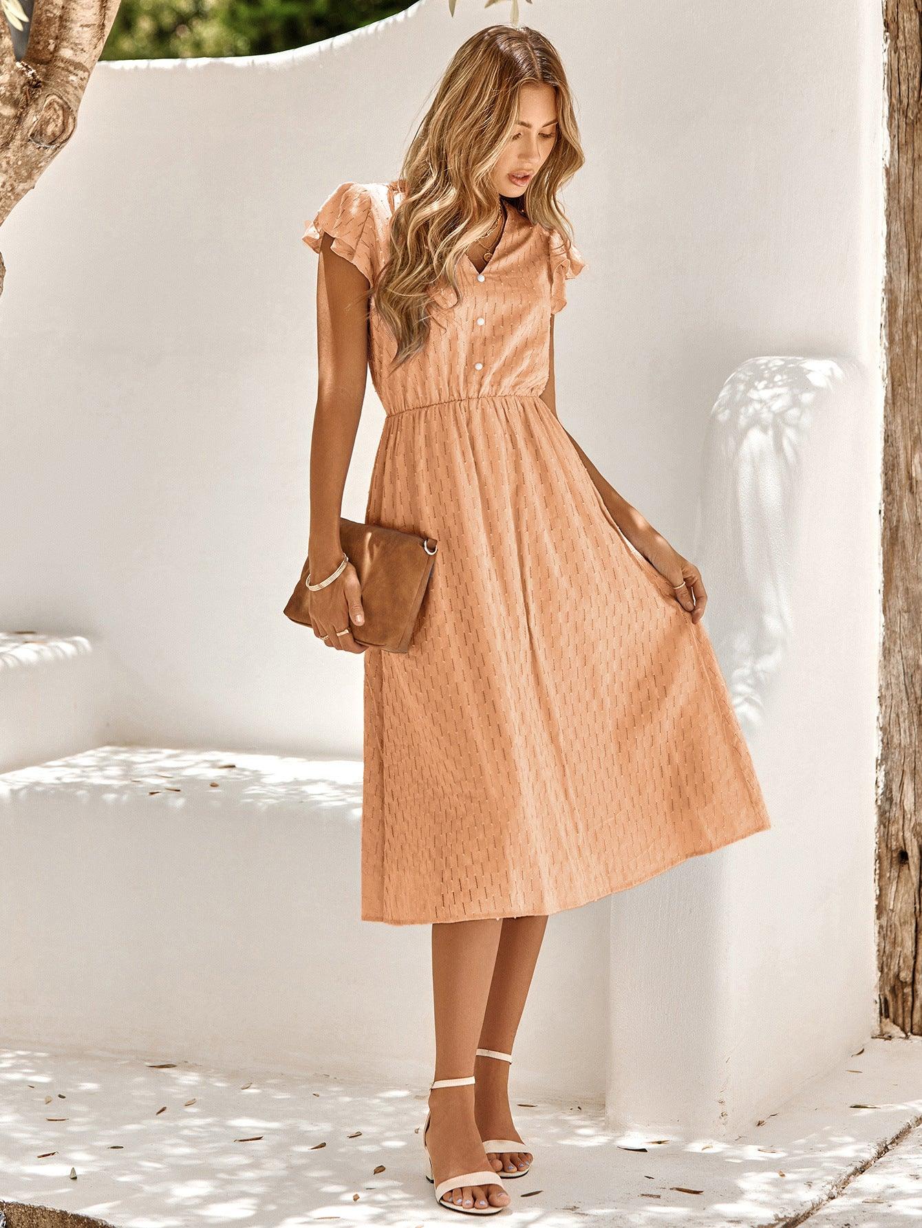 V-Neck Flutter Sleeve Midi Dress - Dresses