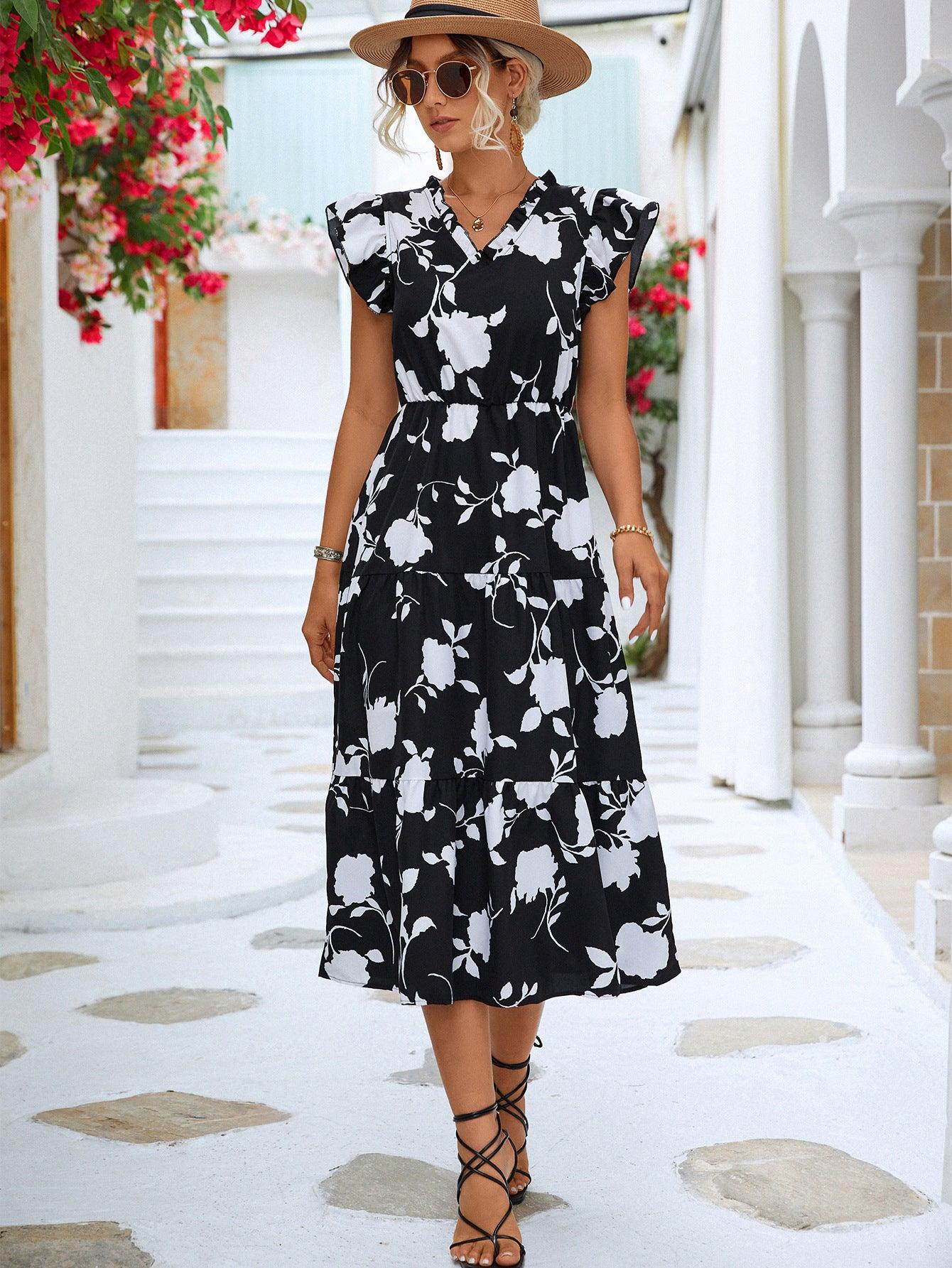 Floral Frill Trim V-Neck Flounce Sleeve Tiered Midi Dress - Dresses