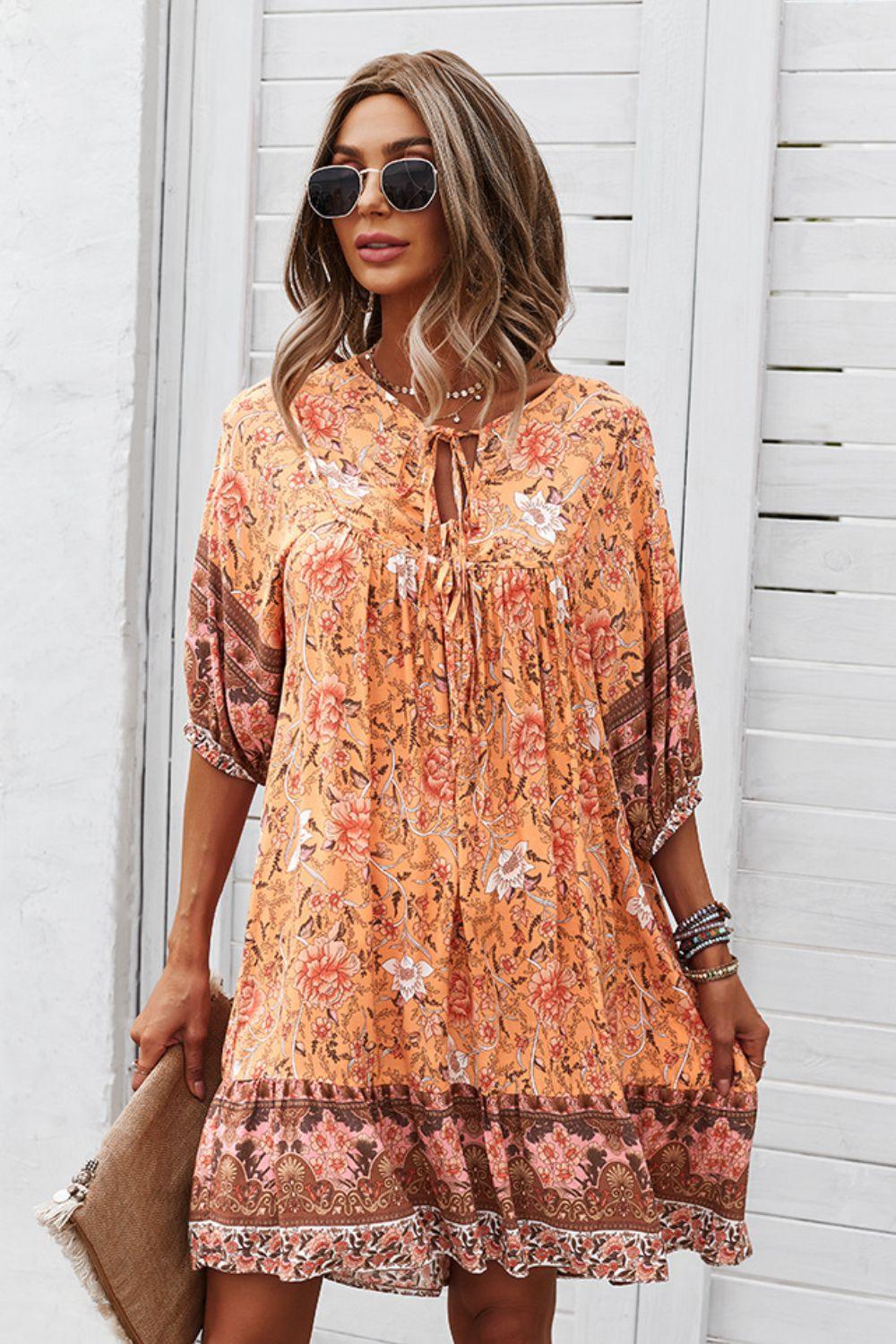 Bohemian Floral Tie Neck 3/4 Sleeve Short Tiered Dress - Dresses