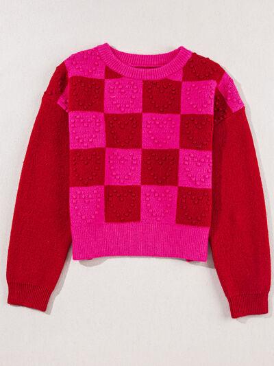 Plaid Heart Round Neck Sweater - Sweater