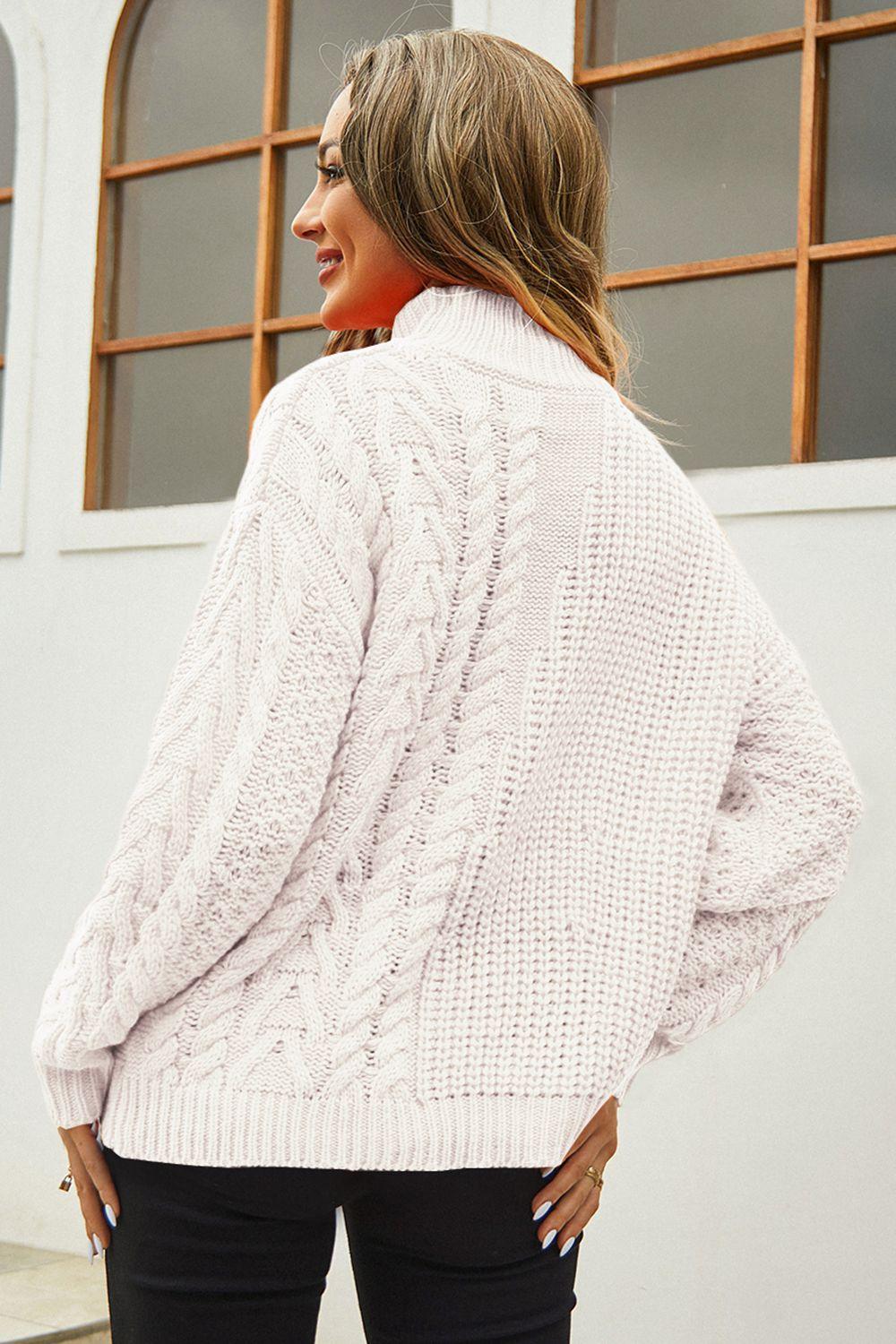 Cable-Knit Turtle Neck Long Sleeve Sweater - Sweater