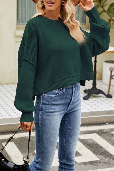 Round Neck Dropped Shoulder Crop Sweater - Sweater