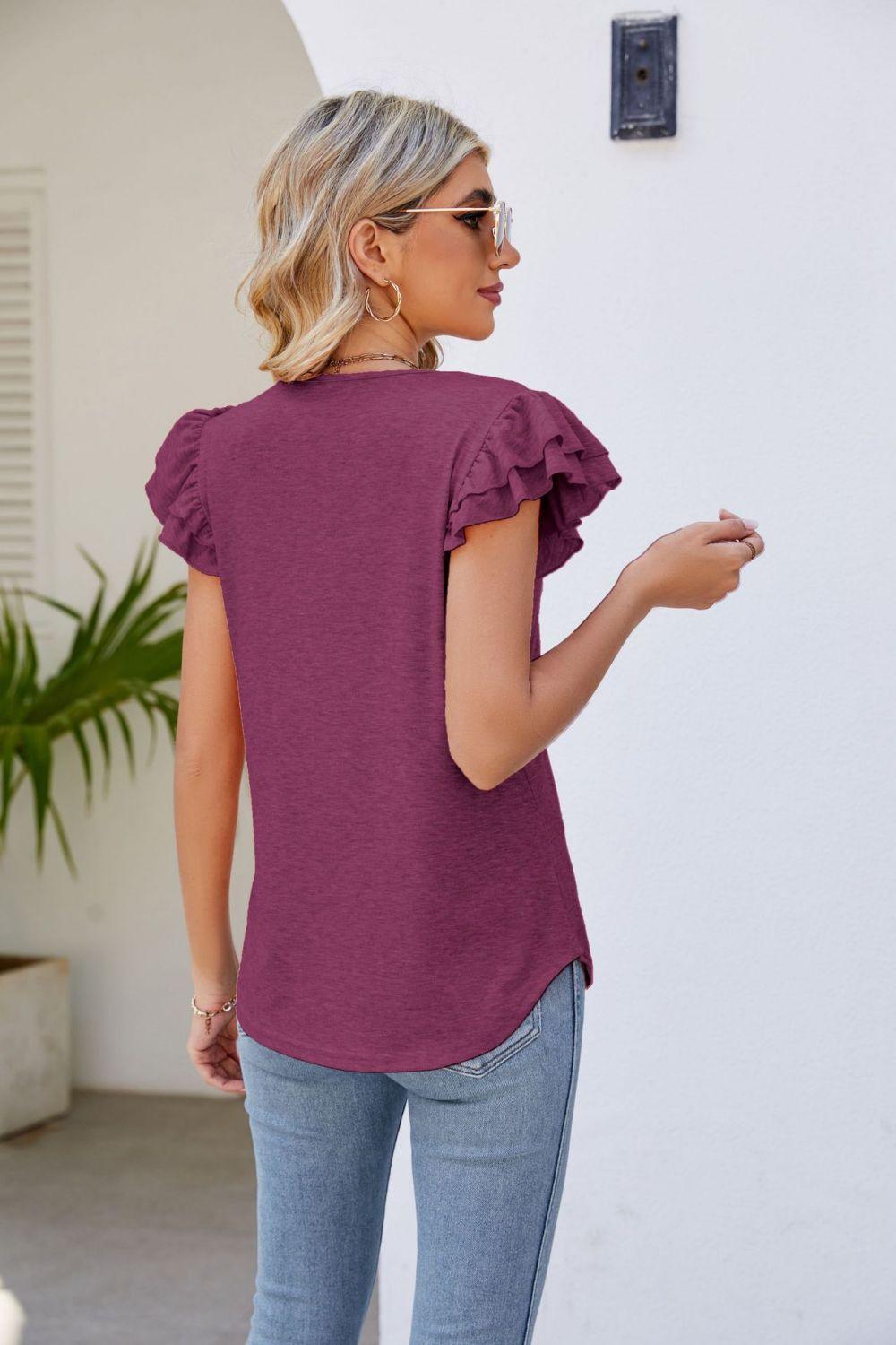 Smocked Layered Ruffle Flutter Sleeve V-Neck Top - Top