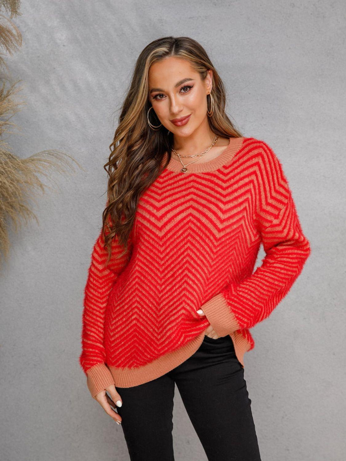 Plush Chevron Round Neck Sweater - Sweater