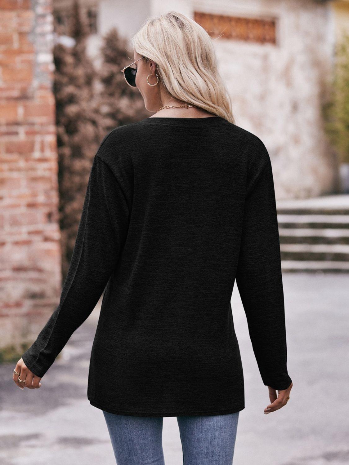 Double Take Buttoned Notched Neck Long Sleeve Top - Top